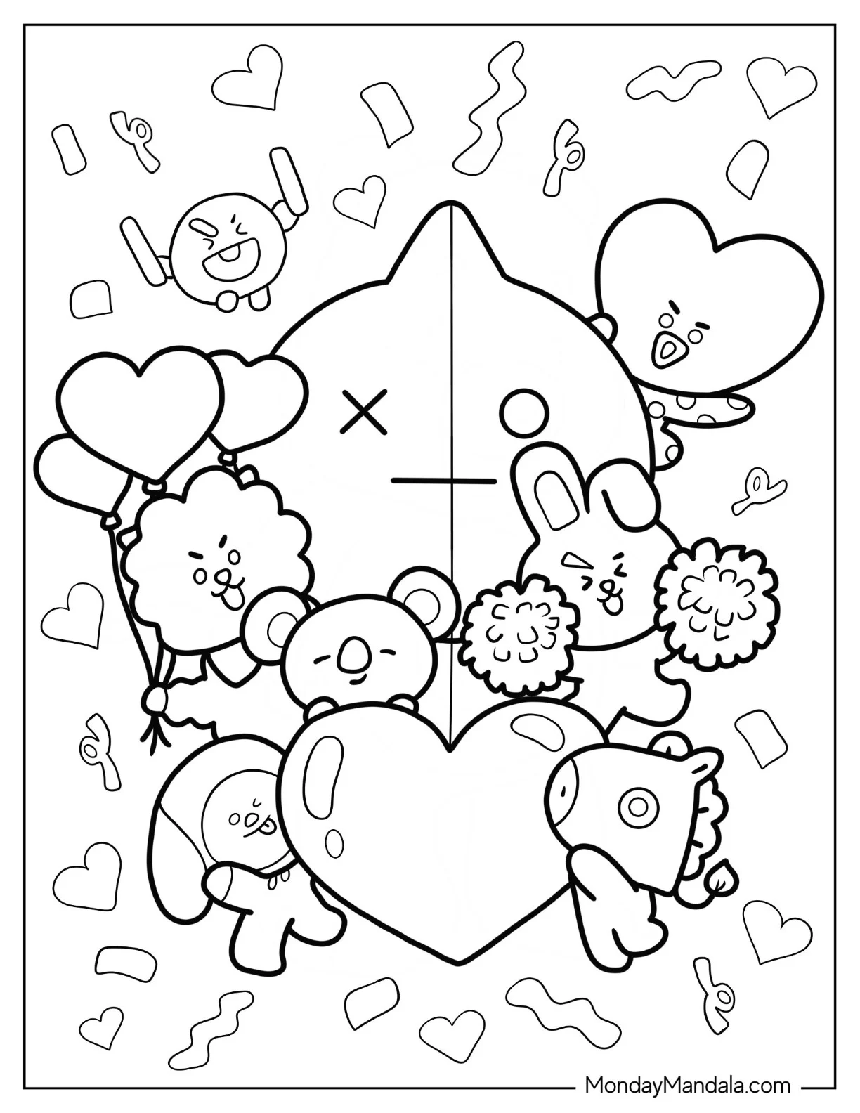 BT21 Coloring Page With Heart Balloons And Confetti For Kids coloring page — printable line art