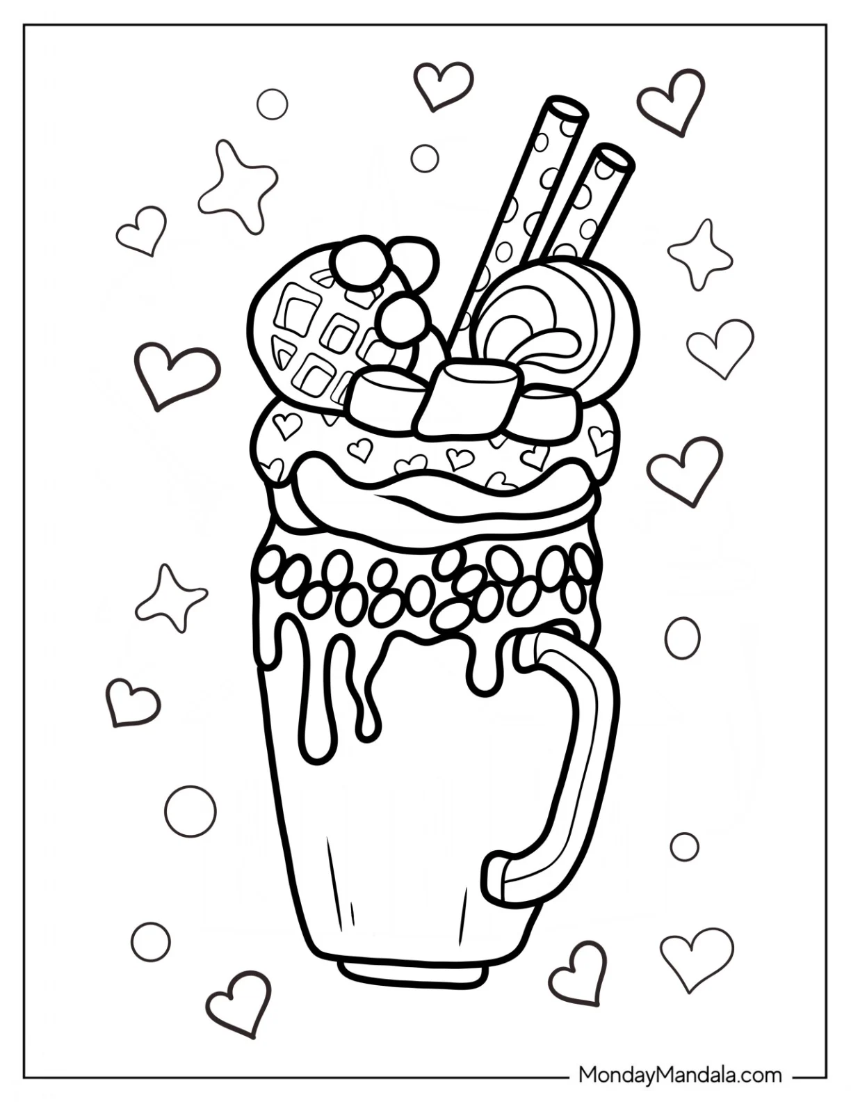 Cartoon Milkshake Coloring Page With Chocolate Sticks, Candies, And Marshmallows coloring page