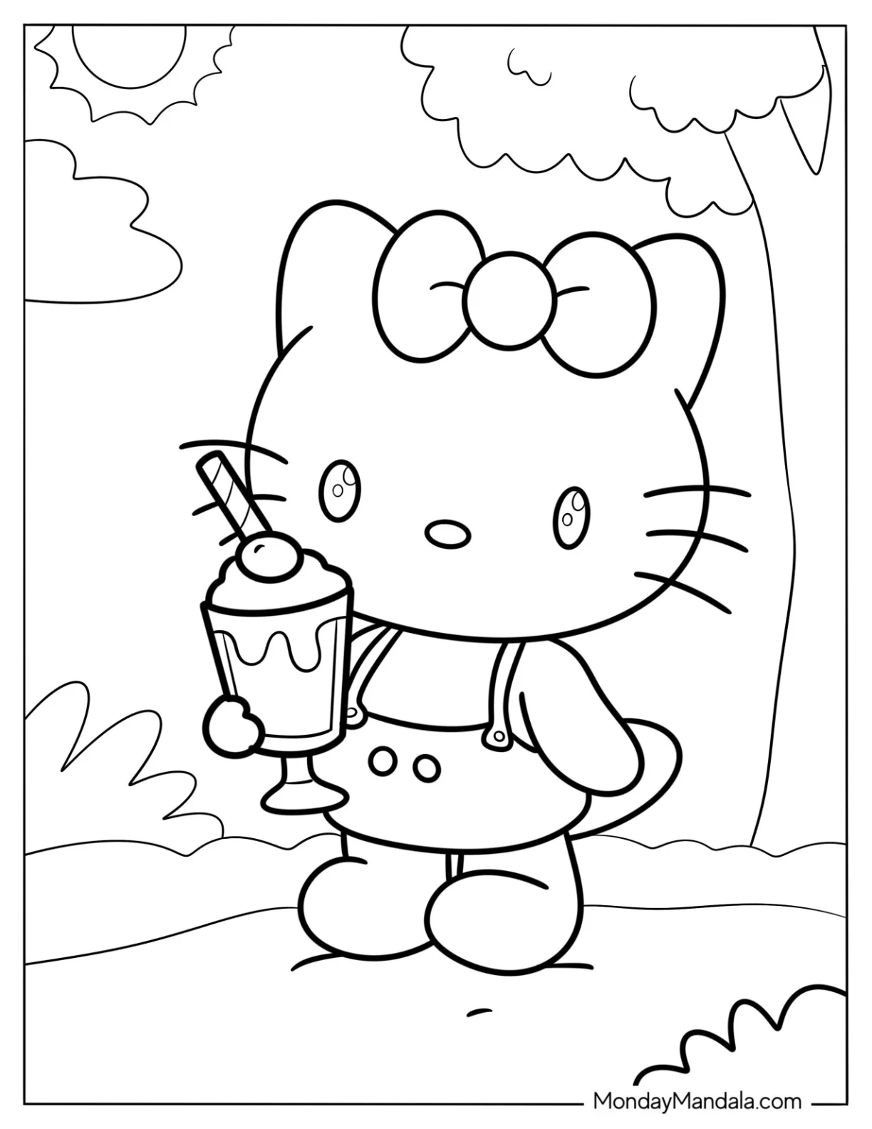Hello Kitty Walking In The Park With A Milkshake Coloring Page coloring page — printable line art