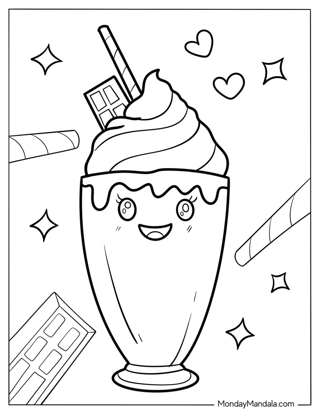 Large Milkshake Coloring Page With Chocolate Bar And Cinnamon Stick For Preschoolers coloring page — printable line art