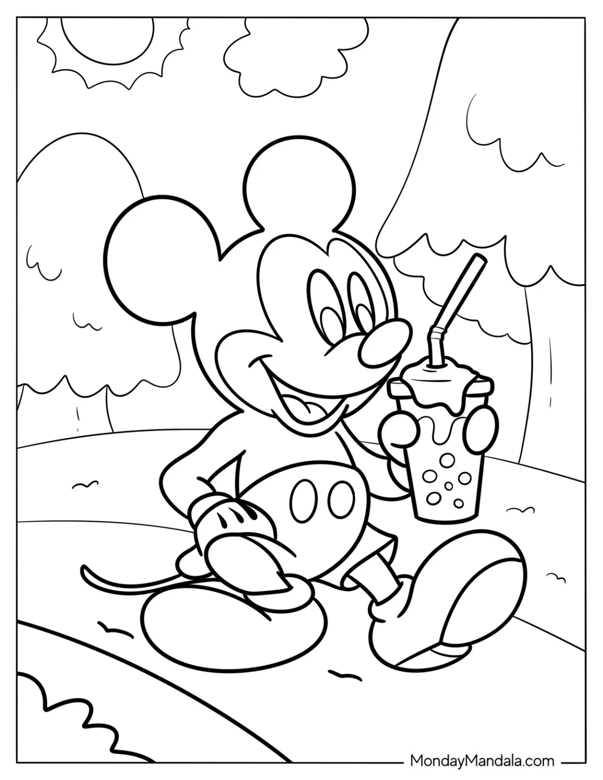 Mickey Mouse Holding A Milkshake Coloring Page With Boba coloring page