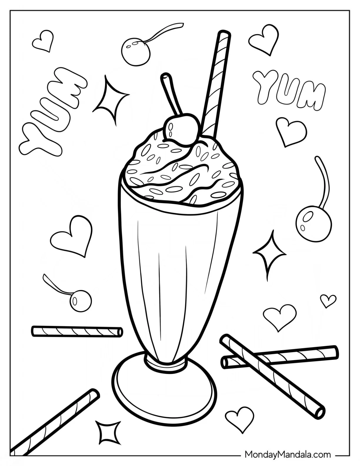 Milkshake Coloring Page With Sprinkles, Cherries, And Cinnamon Sticks coloring page