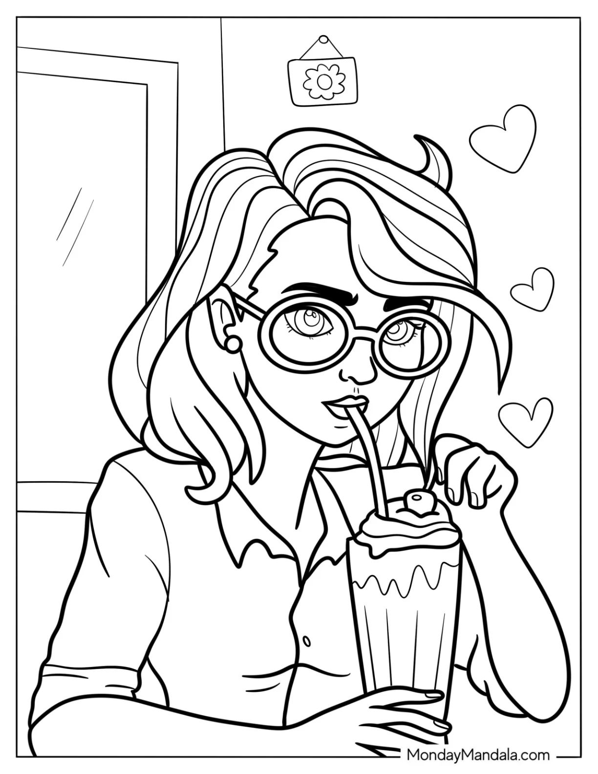 Nerdy Woman Drinking A Milkshake Coloring Page coloring page
