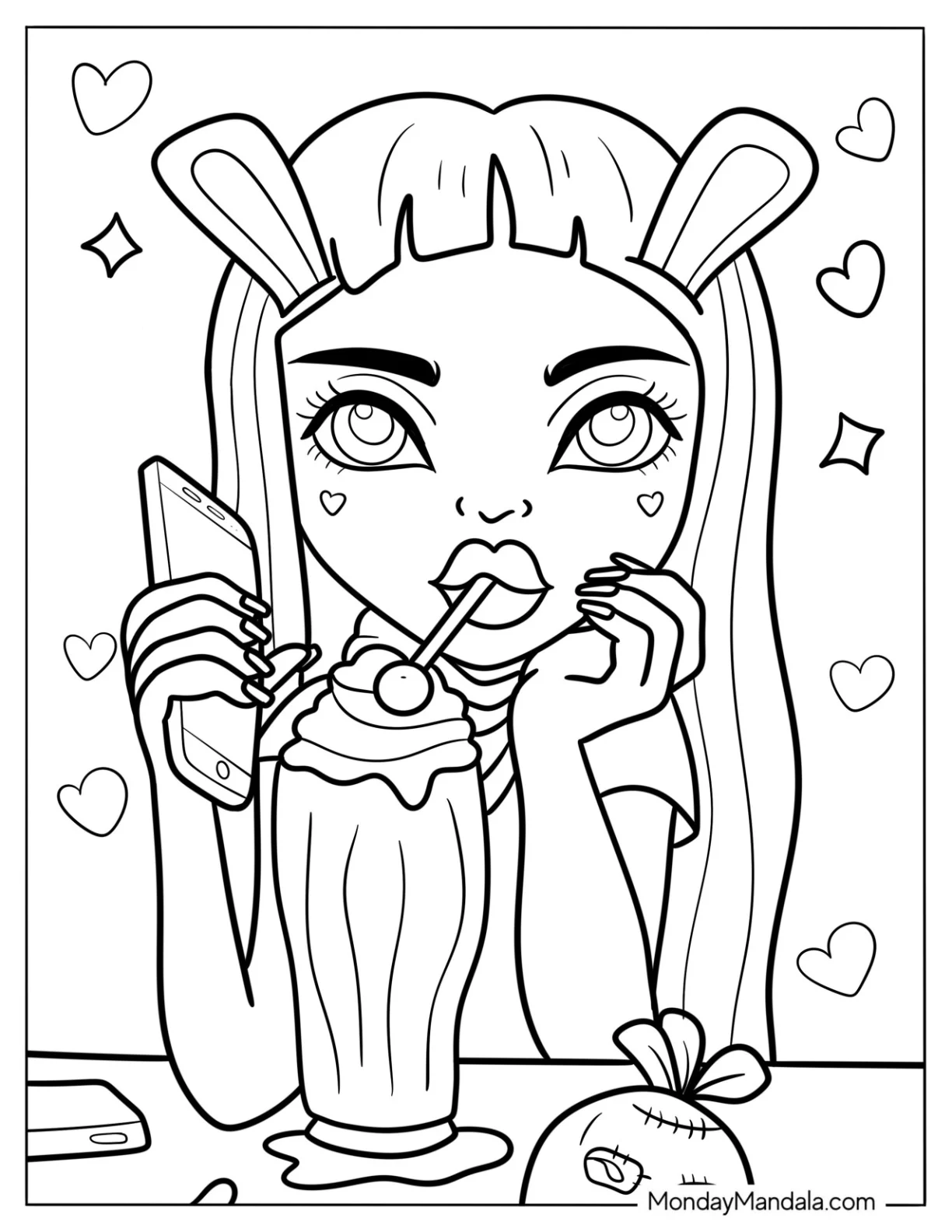 Pretty Woman With Bunny Ears Drinking A Milkshake Coloring Page coloring page