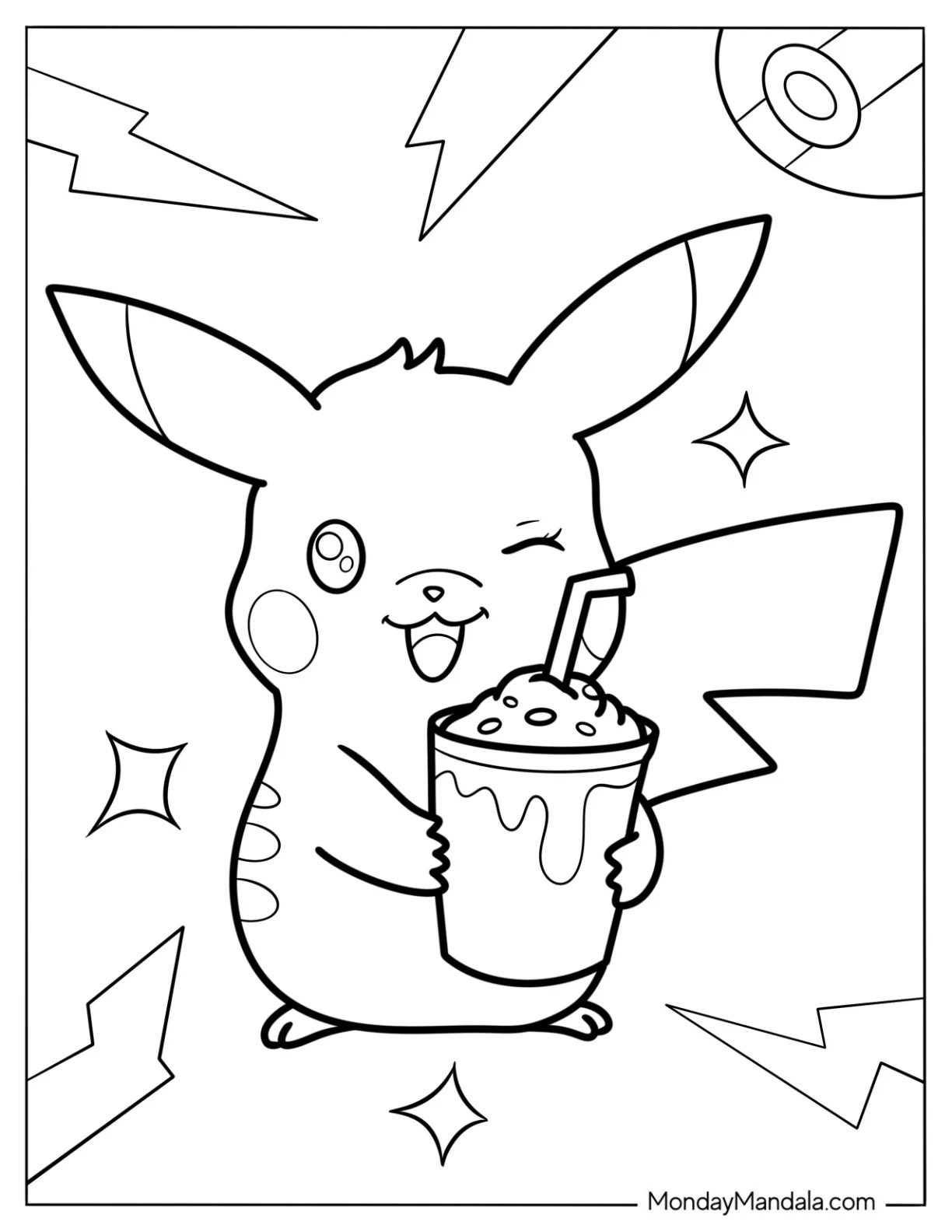 Winking Pikachu Holding A Milkshake Coloring Page For Kids coloring page