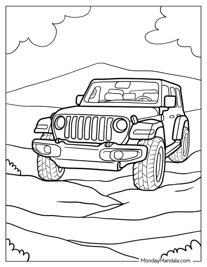 Coloring Page of Jeep with Mountains in Background coloring page