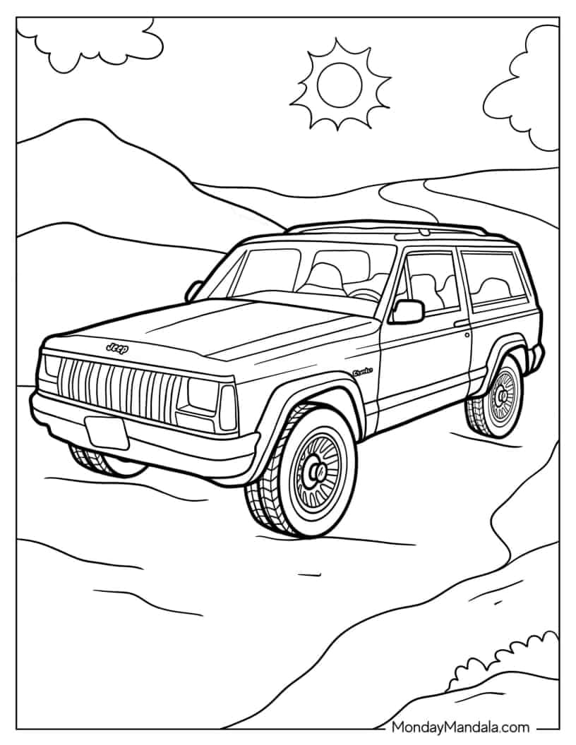 Coloring Sheet of Jeep on Sunny Day coloring page