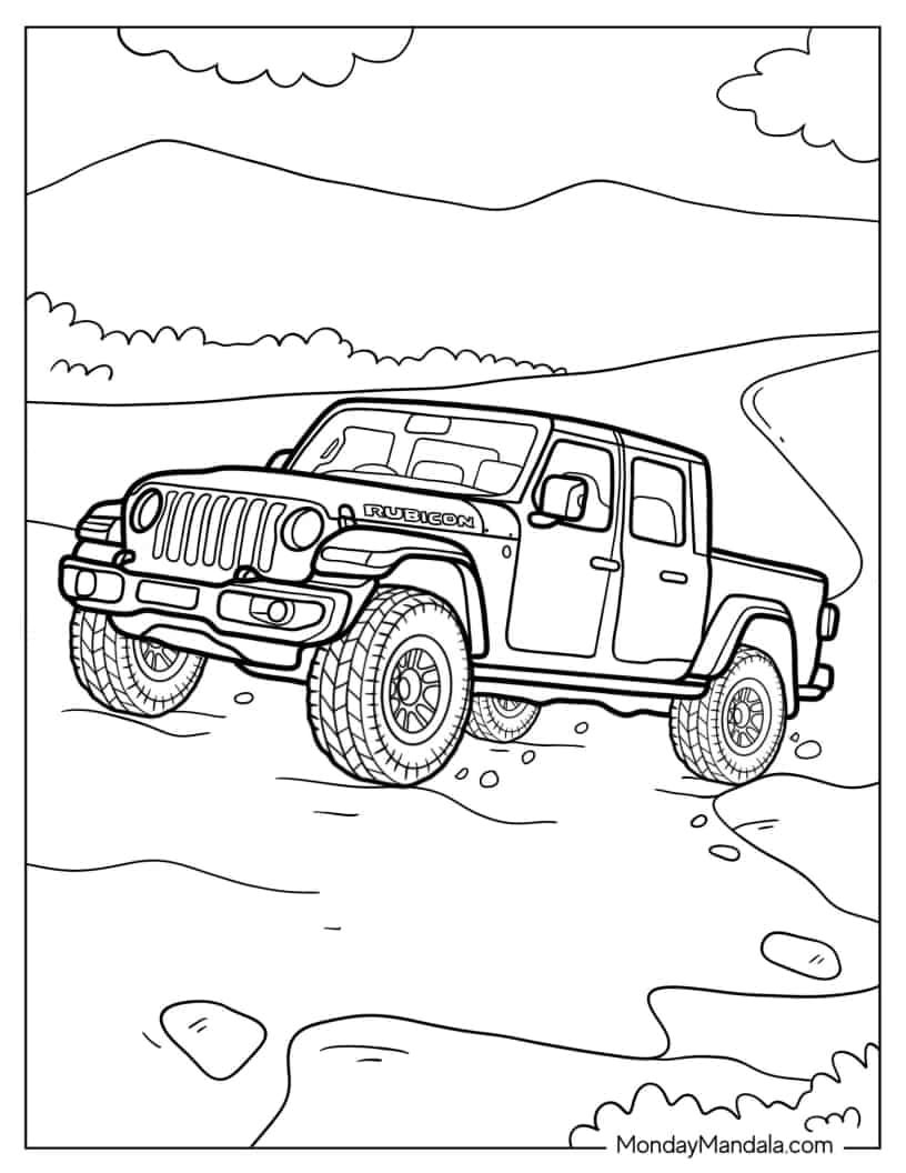Jeep Wrangler Parked on Muddy Road coloring page
