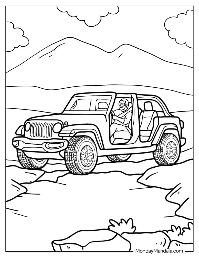 Man Driving Jeep Off Road coloring page