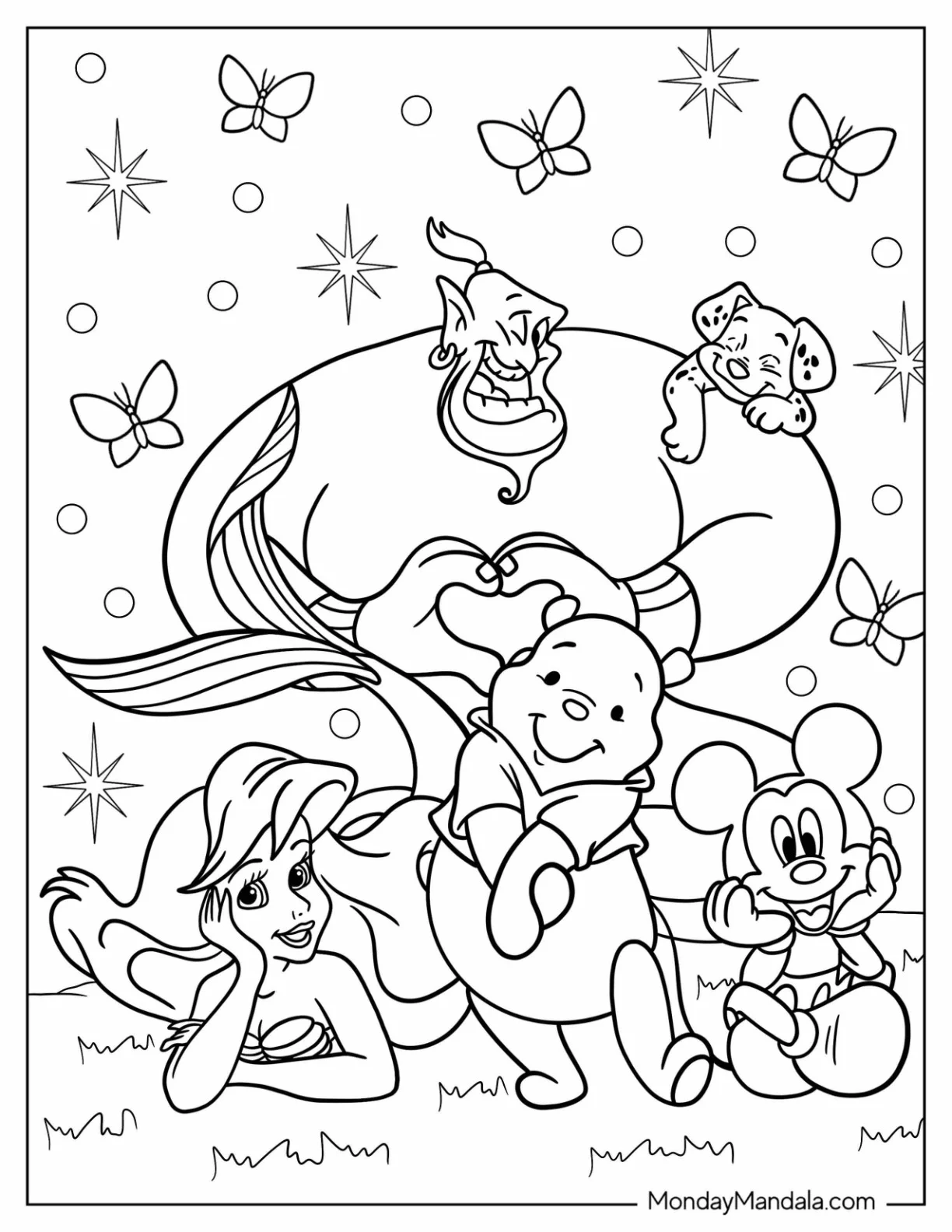 Cartoons Coloring Page Of Disney Cartoon Ariel, Pooh, Genie, Mickey Mouse, And Dalmatian coloring page — printable line art