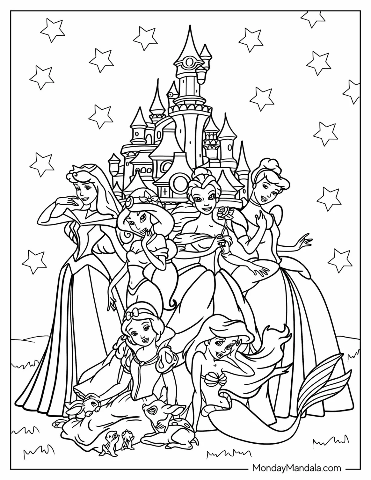 Cartoons Coloring Page Of Disney Princesses In Front Of Castle coloring page