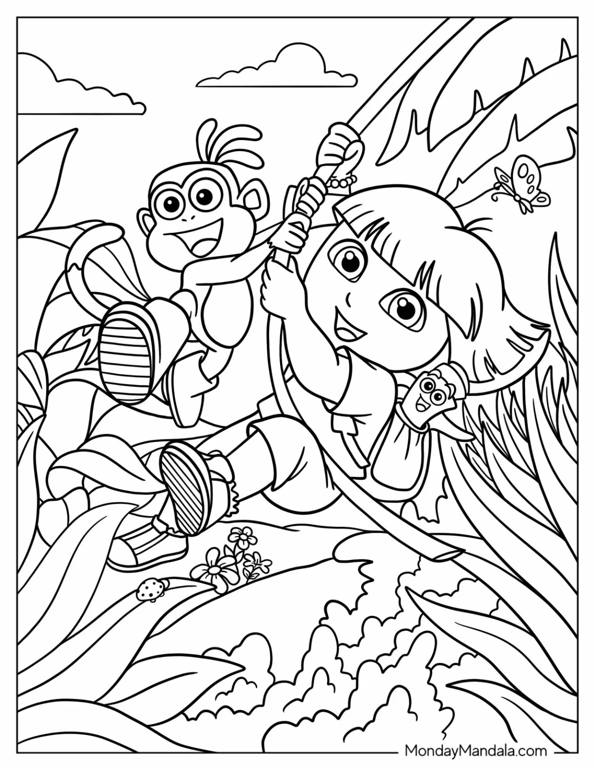 Cartoons Coloring Page Of Dora And Boots Swinging From Vine In Jungle coloring page