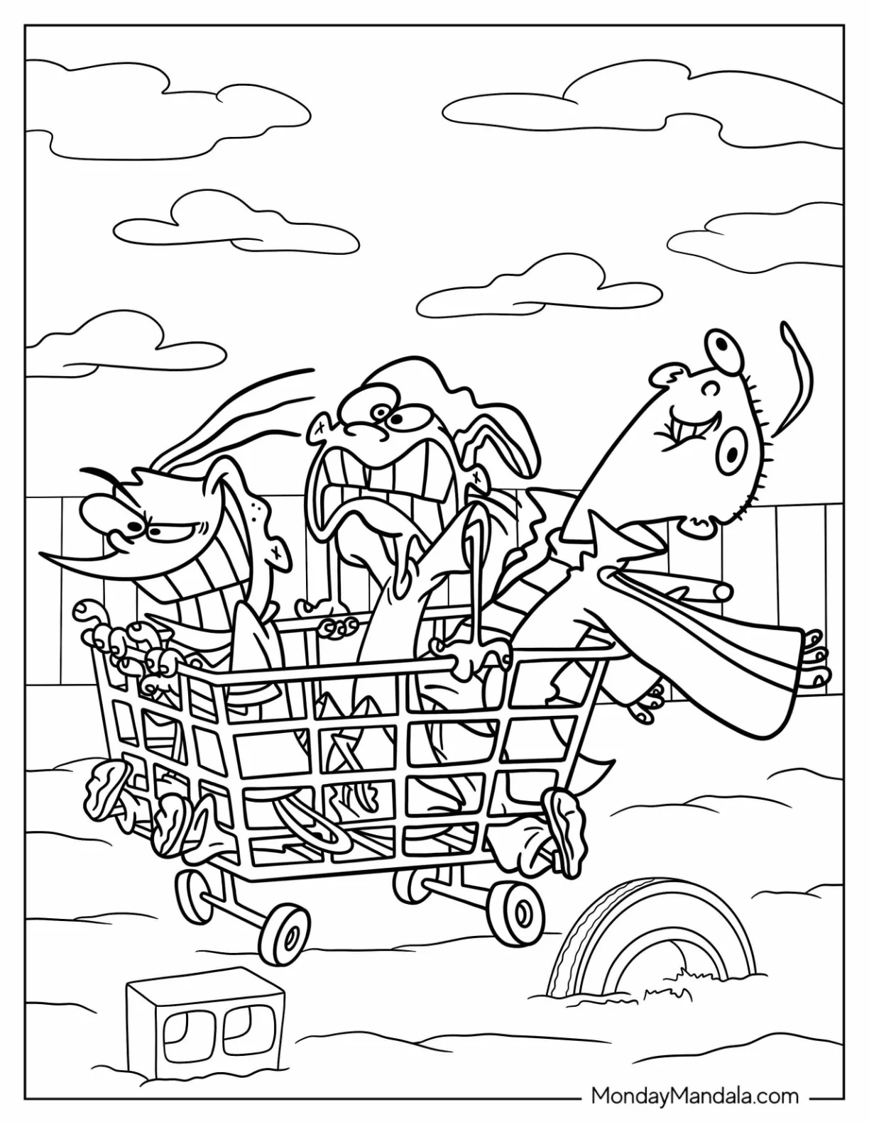 Cartoons Coloring Page Of Ed, Edd, N Eddy Riding A Shopping Cart coloring page — printable line art