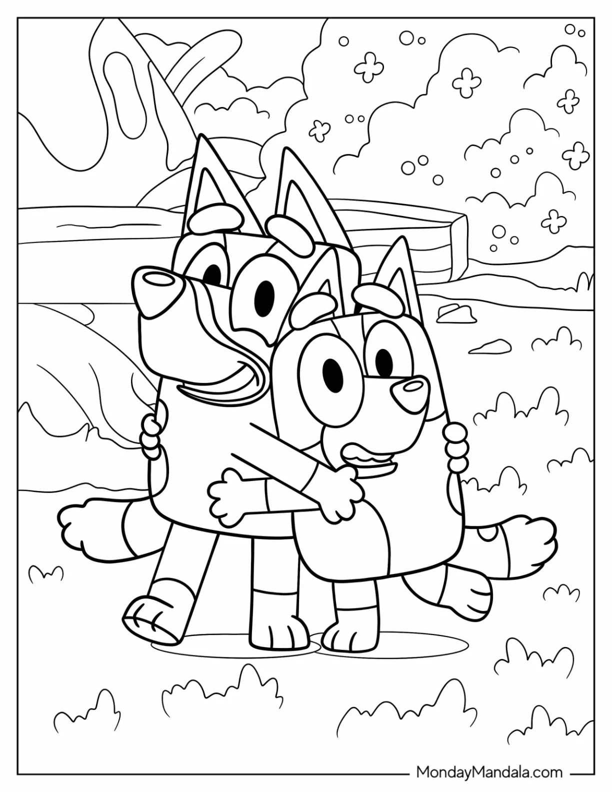 Cute Bluey And Bingo Hugging Cartoons Coloring Page coloring page — printable line art
