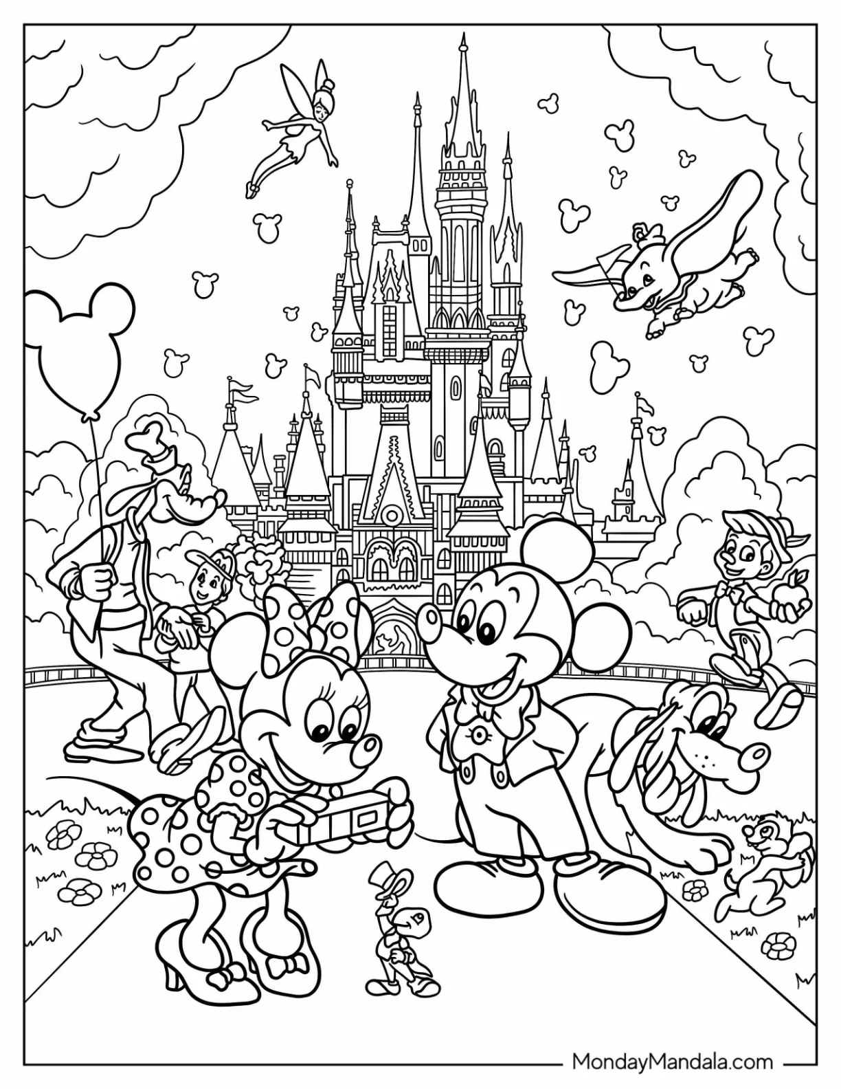 Detailed Disney Cartoons Coloring Page In Front Of Castle coloring page