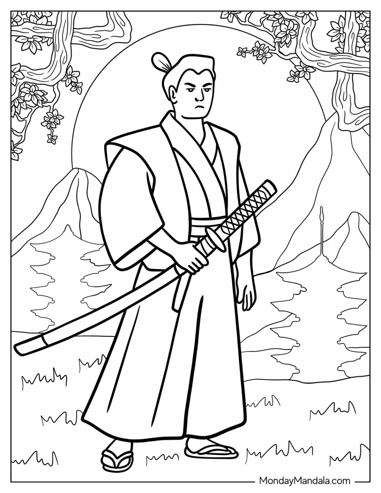 Easy Samurai Coloring Page Standing In A Garden With Cherry Blossoms coloring page — printable line art