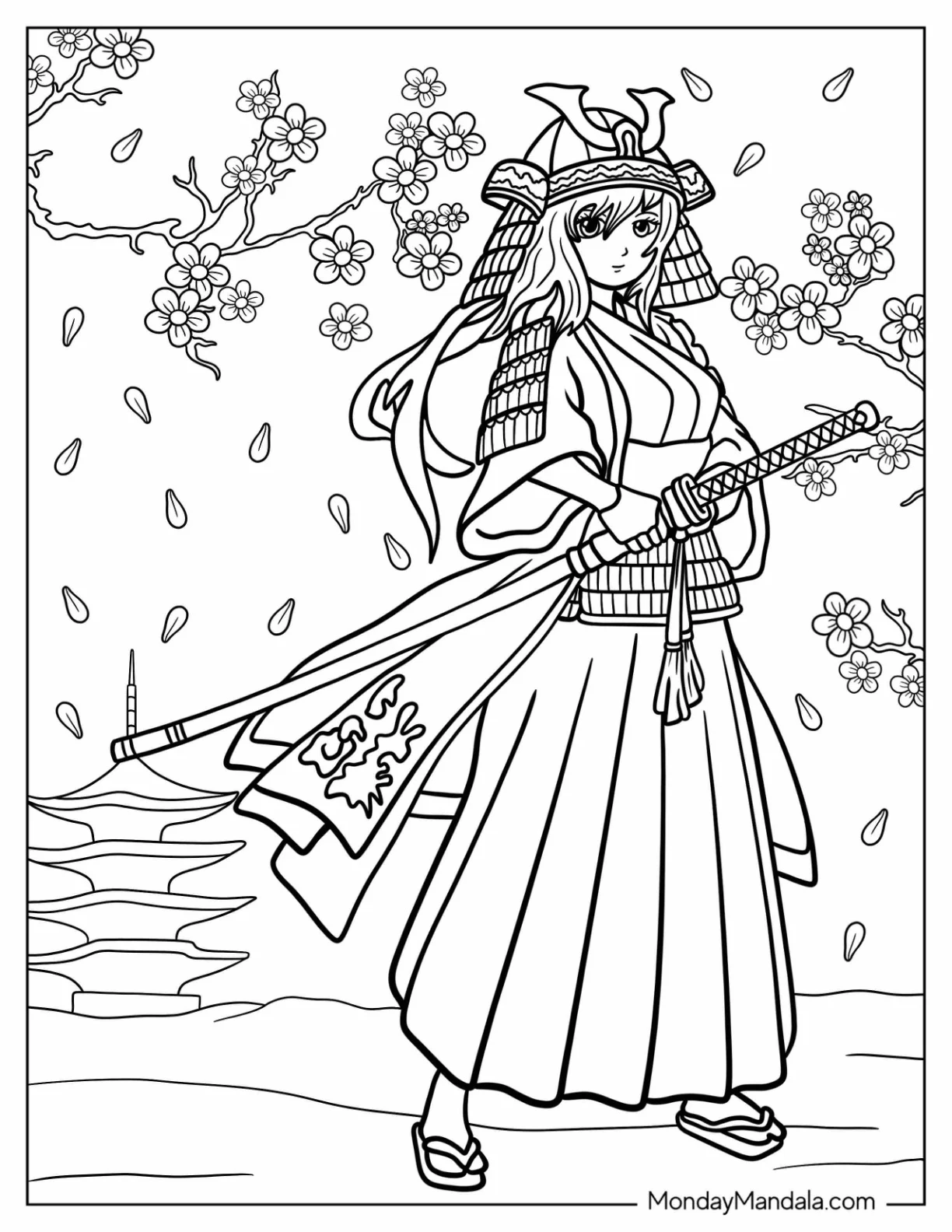 Female Samurai Coloring Page Under A Cherry Blossom Tree coloring page
