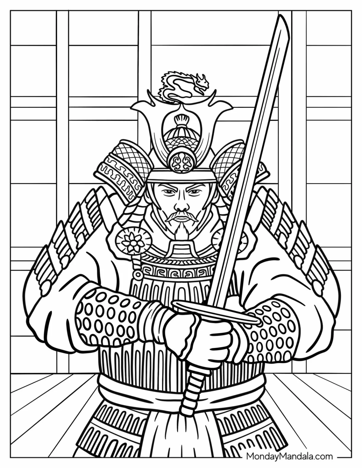 Old Samurai Coloring Page With His Sword In Front Of Him coloring page — printable line art