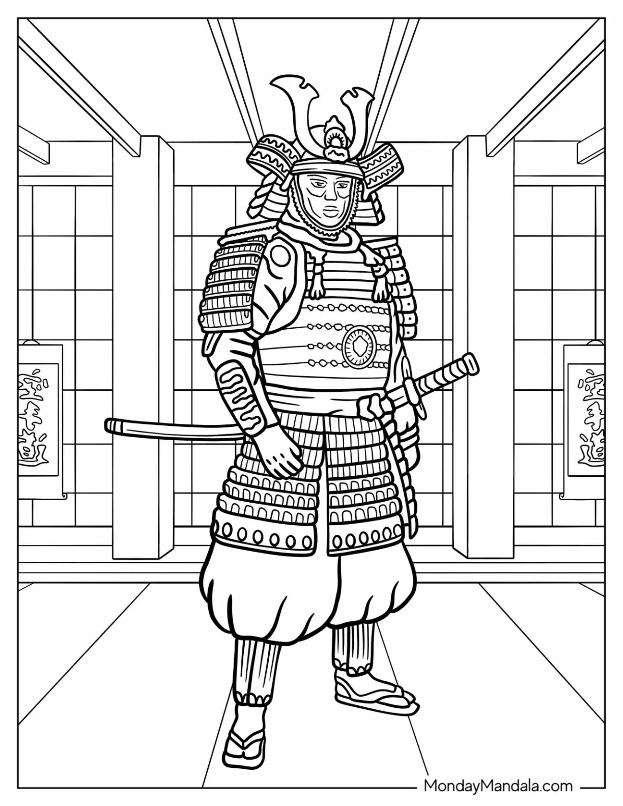 Realistic Samurai Coloring Page Inside A Castle coloring page — printable line art
