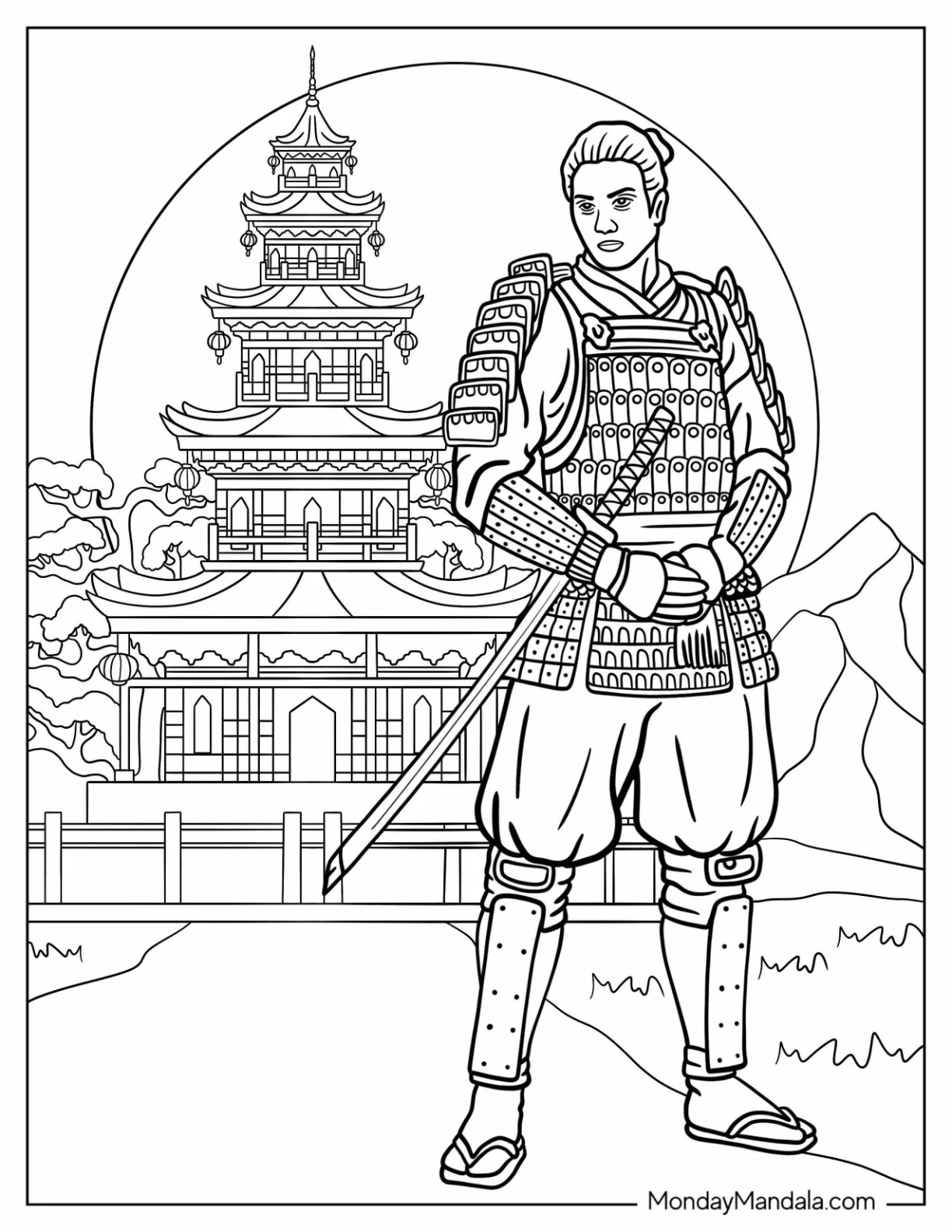 Samurai Coloring Page In Armor Standing In Front Of A Castle coloring page