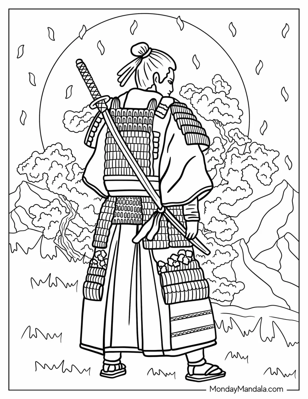 Samurai Coloring Page In Armor With Sword On His Back coloring page