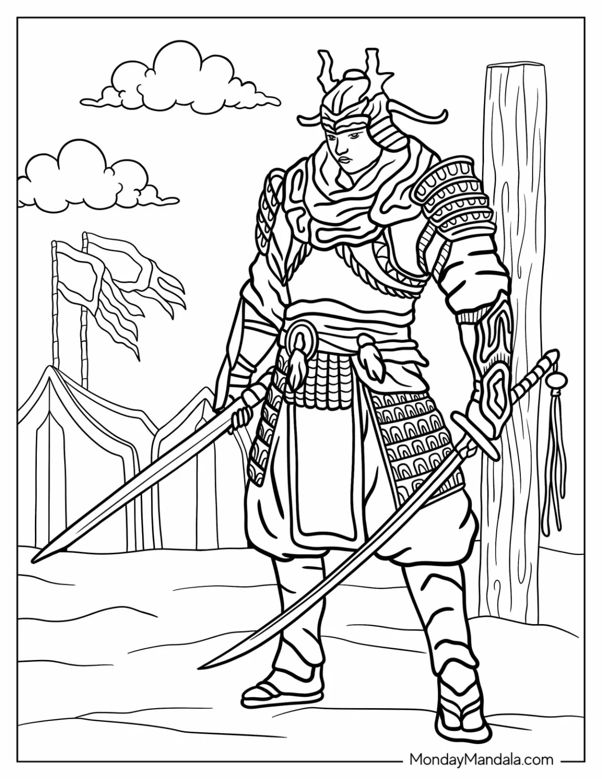 Samurai Coloring Page In The Battlefield Holding Two Swords coloring page — printable line art