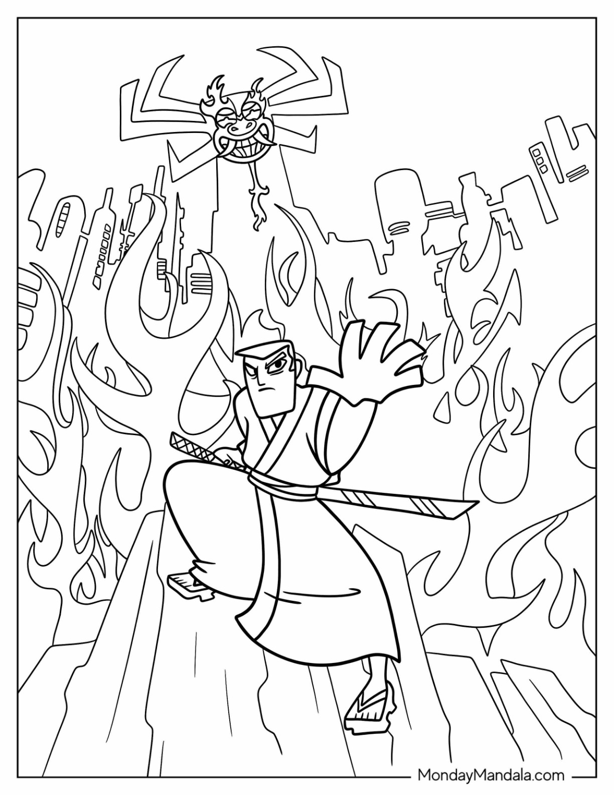 Samurai Coloring Page Jack Surrounded By Flames coloring page