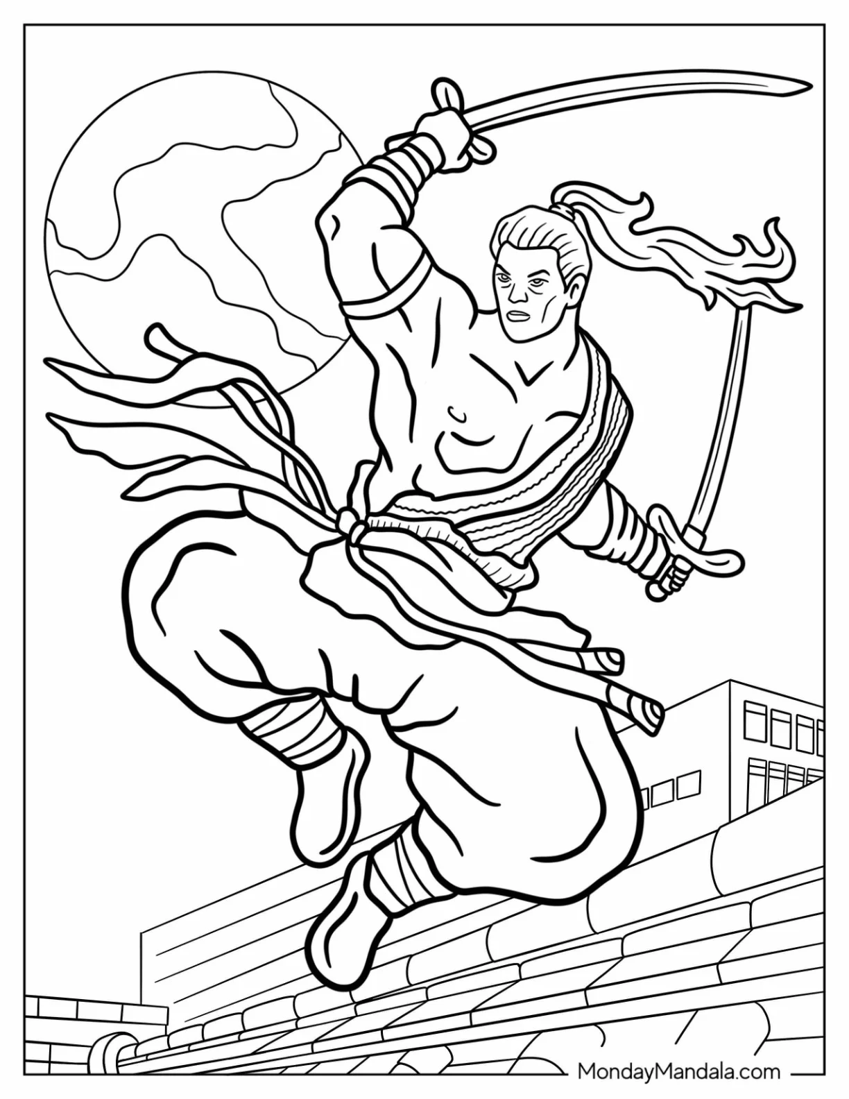 Samurai Coloring Page Leaping In The Air With Two Swords coloring page