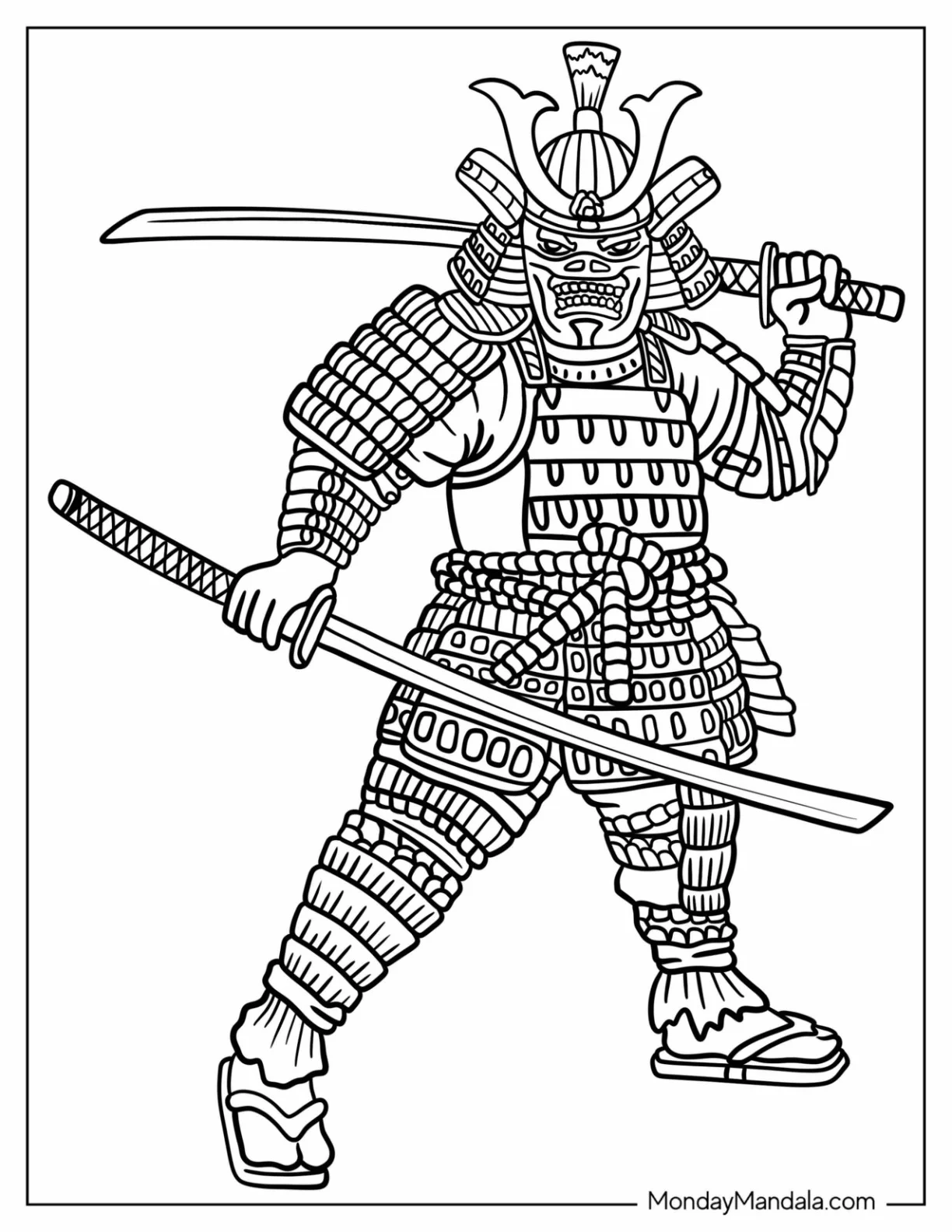 Samurai Coloring Page With Mempo Mask And Two Swords coloring page