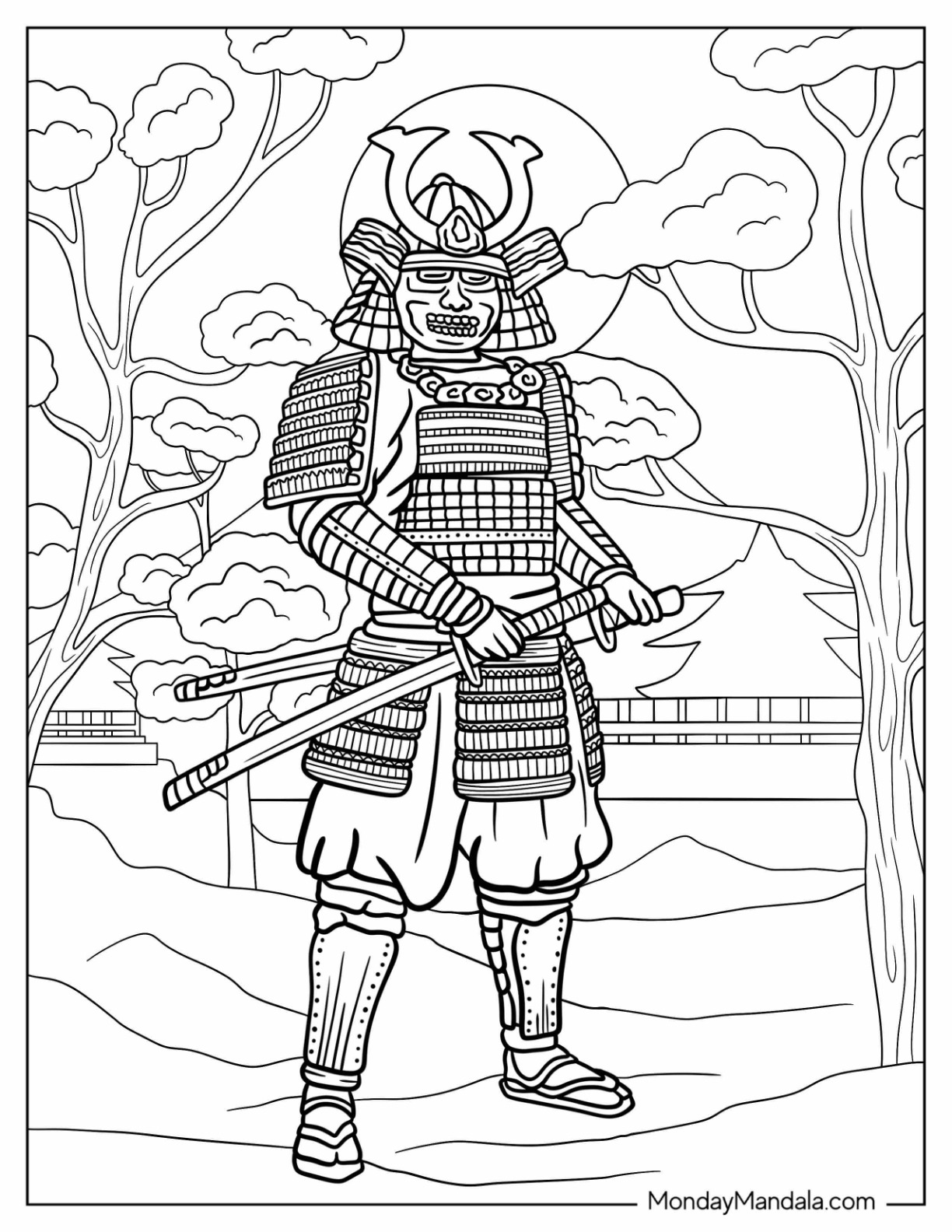 Scary Samurai Coloring Page In Front Of A Full Moon coloring page