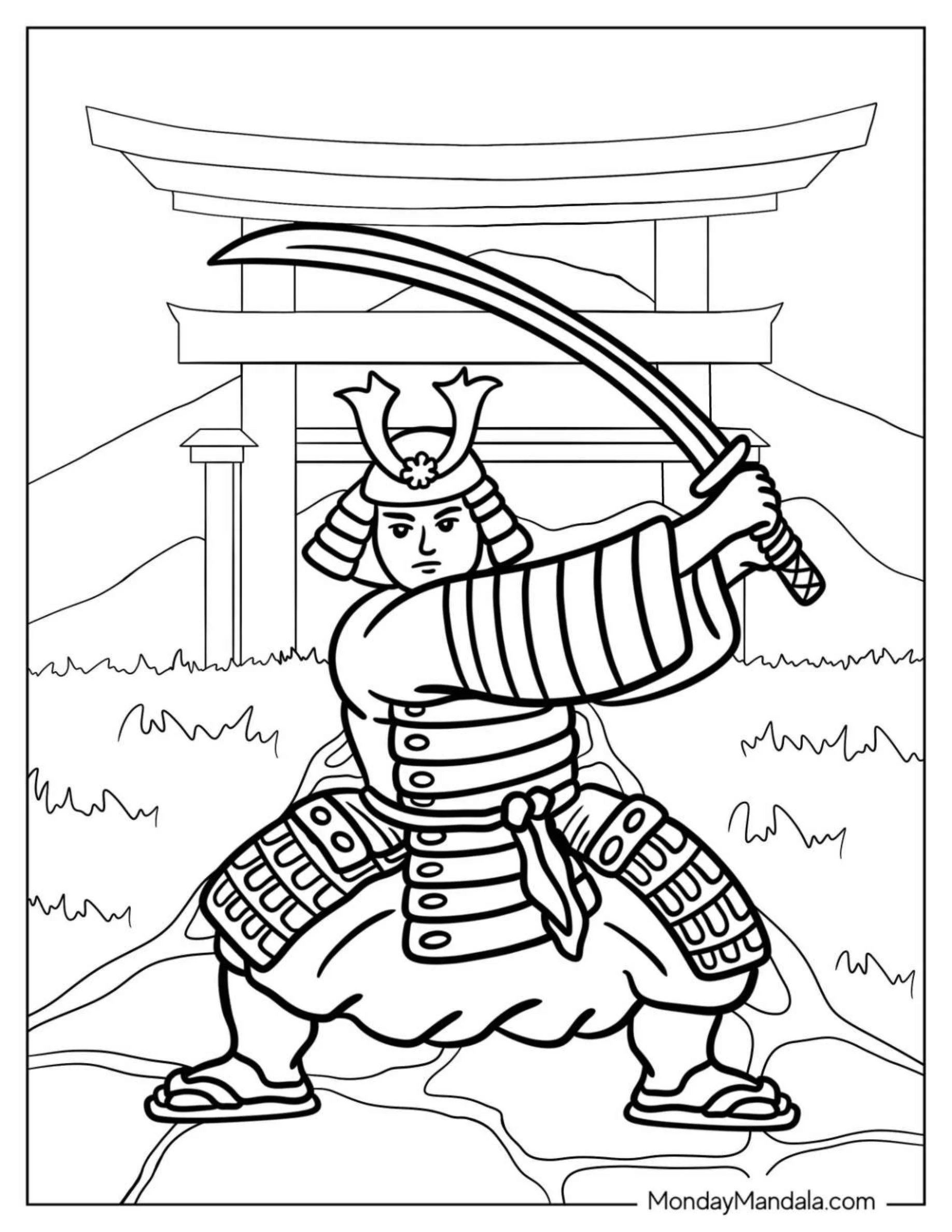 Simple Samurai Coloring Page With His Sword Raised coloring page