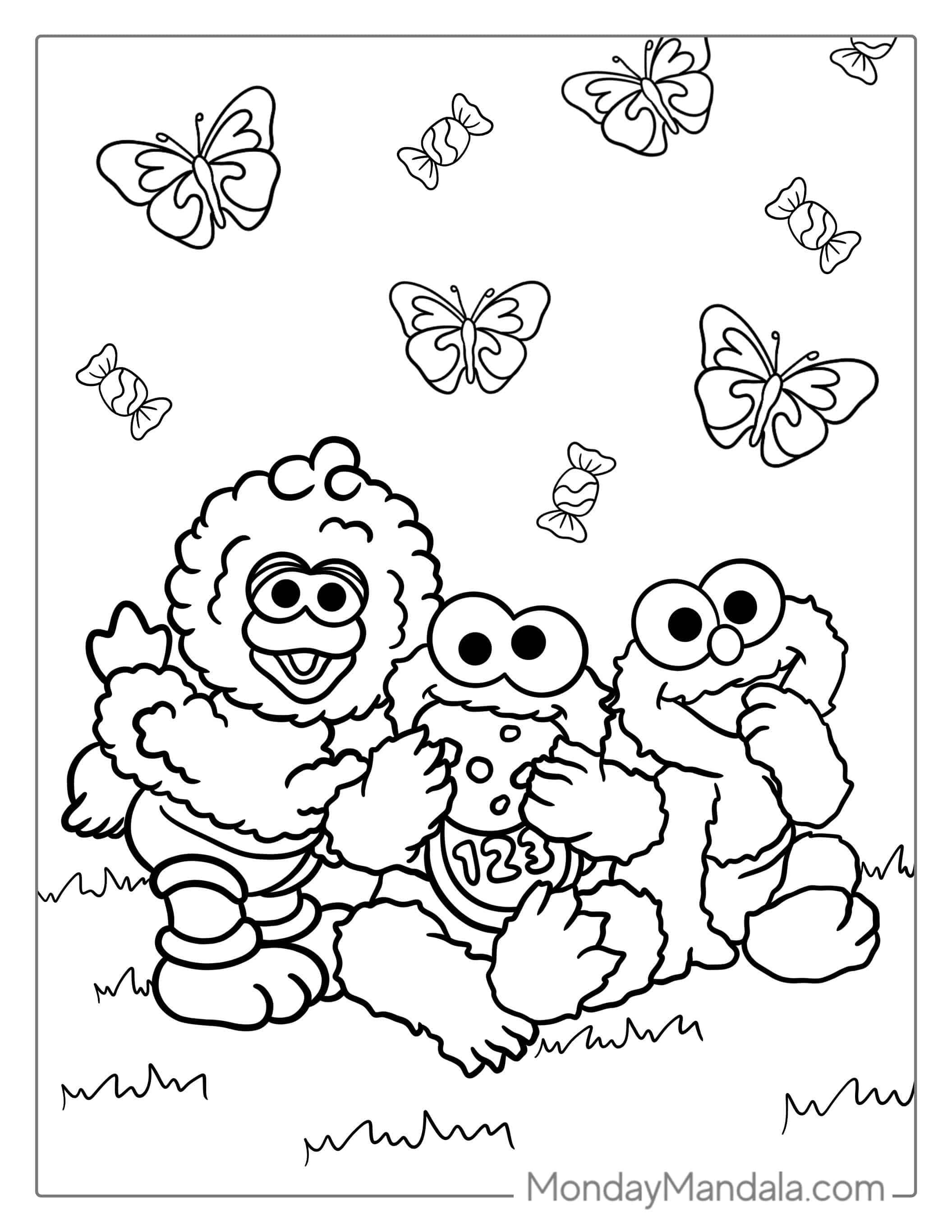 Baby Big Bird, Cookie Monster And Elmo To Color coloring page