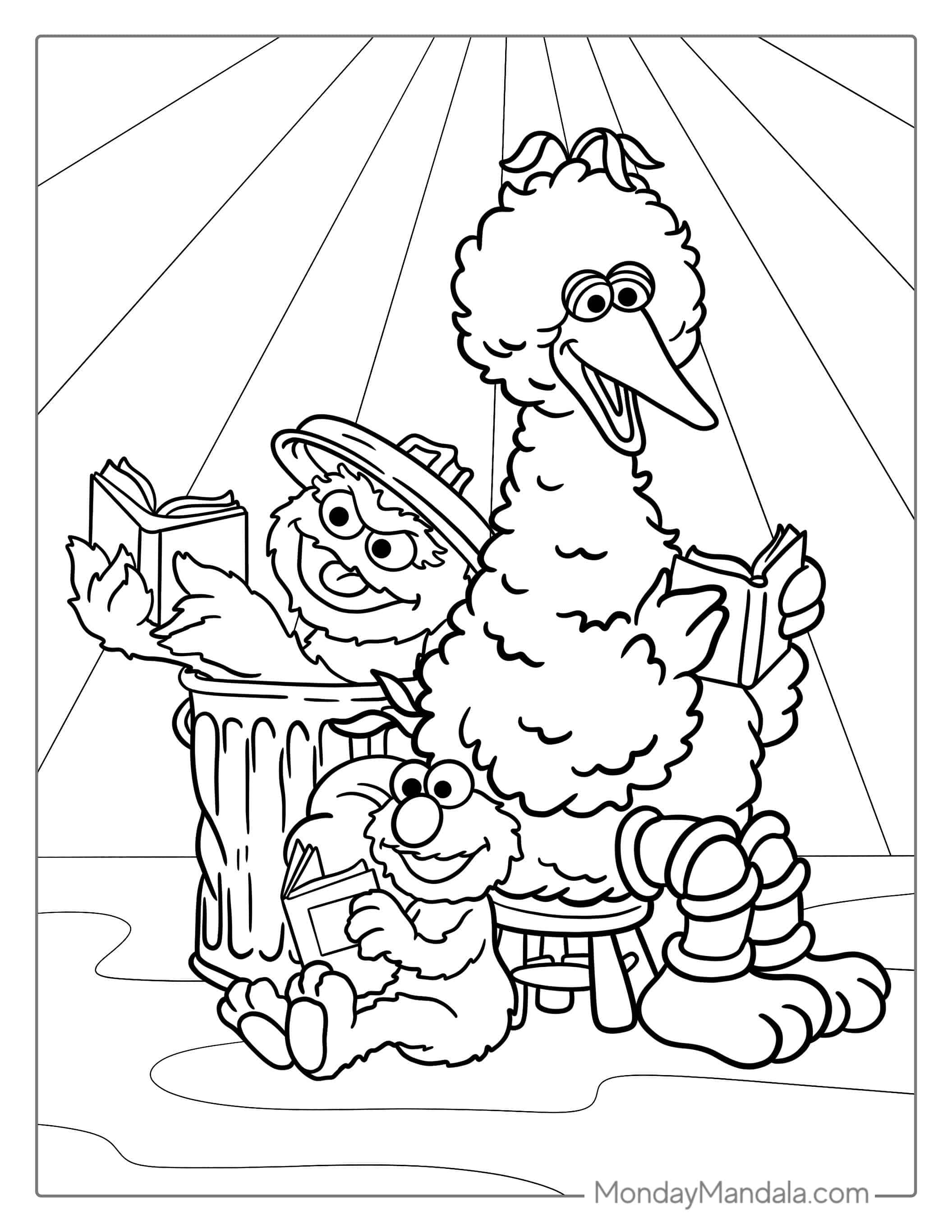Elmo, Oscar and Big Bird Reading Books To Color coloring page