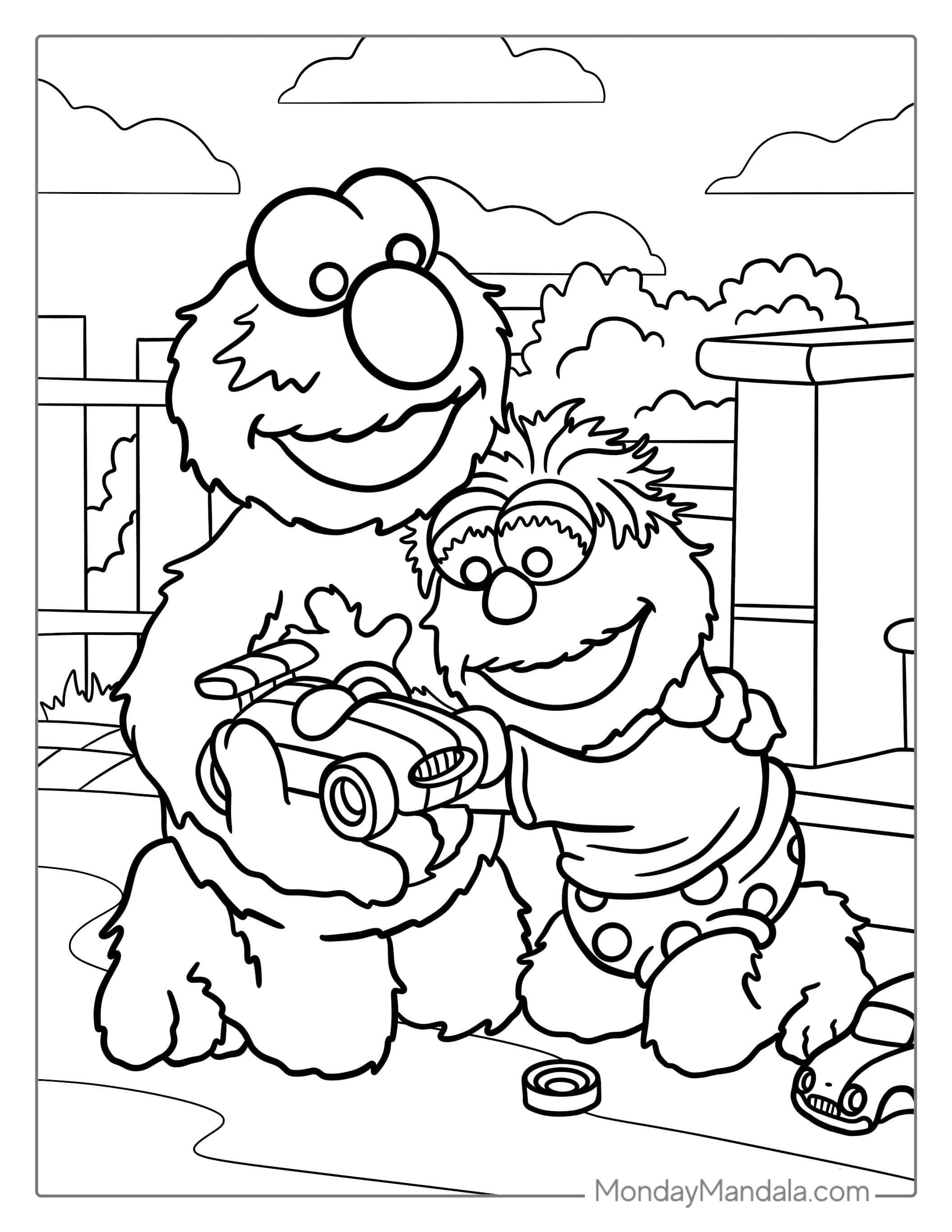 Elmo Playing With Toys With Friend coloring page — printable line art