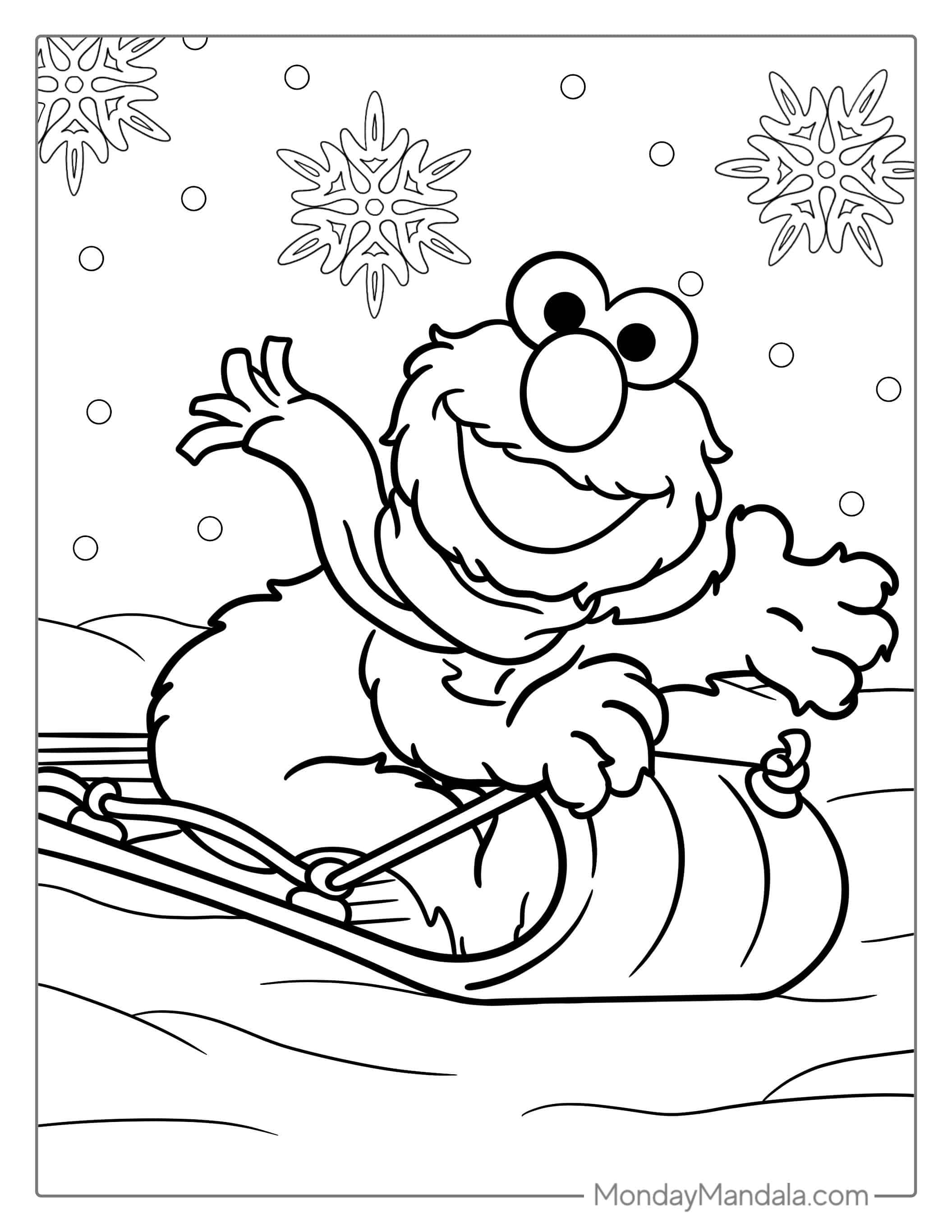 Elmo Riding a Sled During Winter To Color coloring page — printable line art