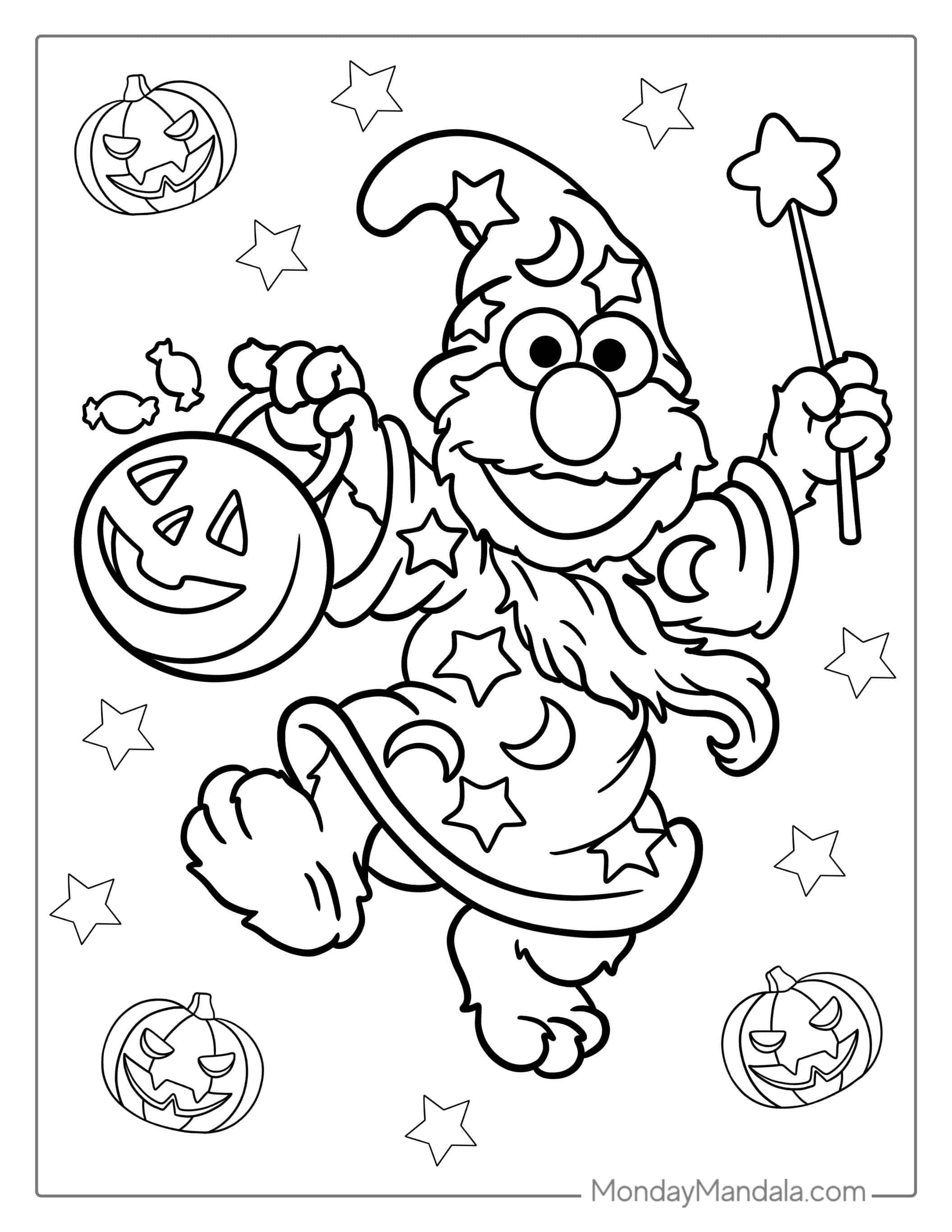 Elmo Trick-Or-Treating With Pumpkin To Color coloring page