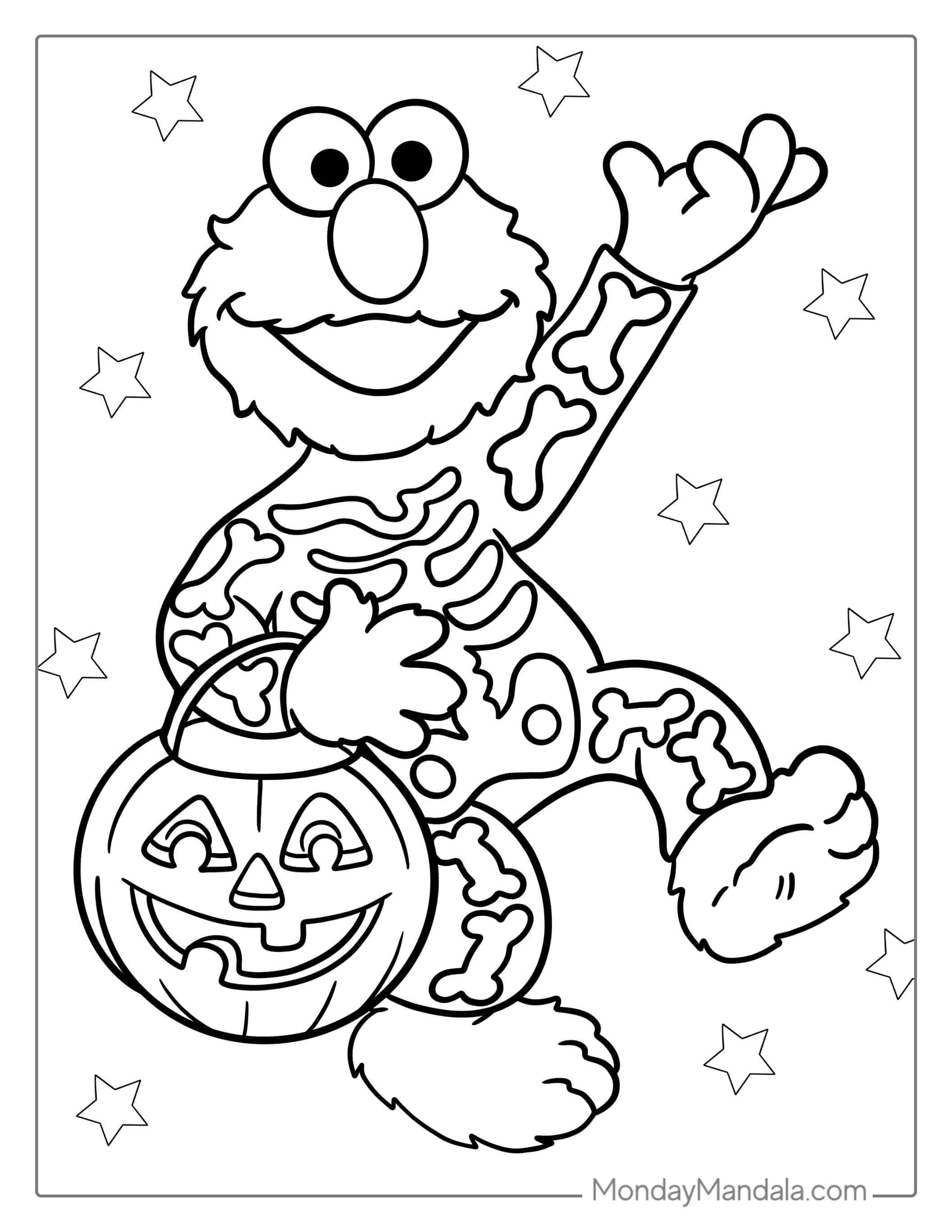 Halloween Themed Elmo Holding a Pumpkin To Color coloring page