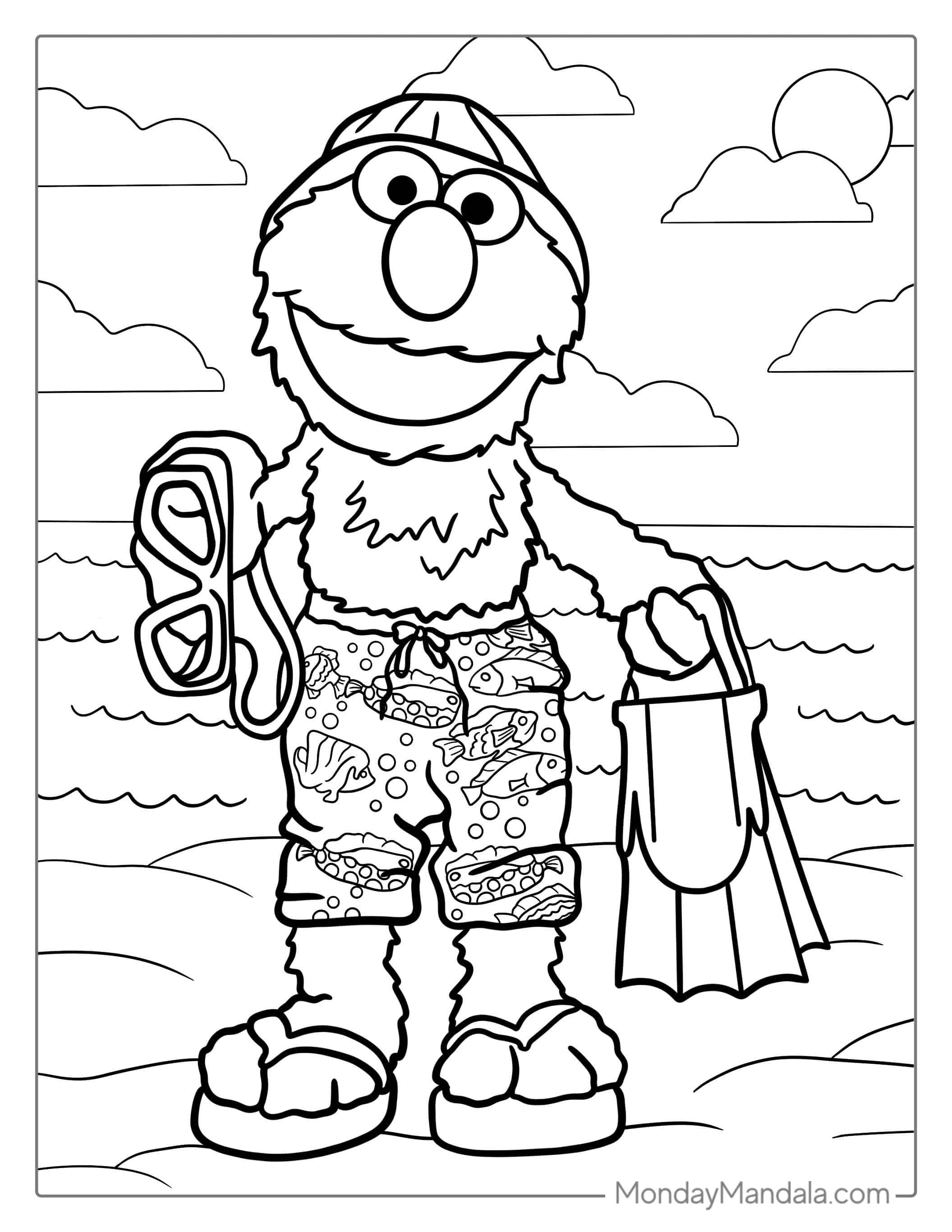 Summer Themed Elmo At The Beach To Color coloring page
