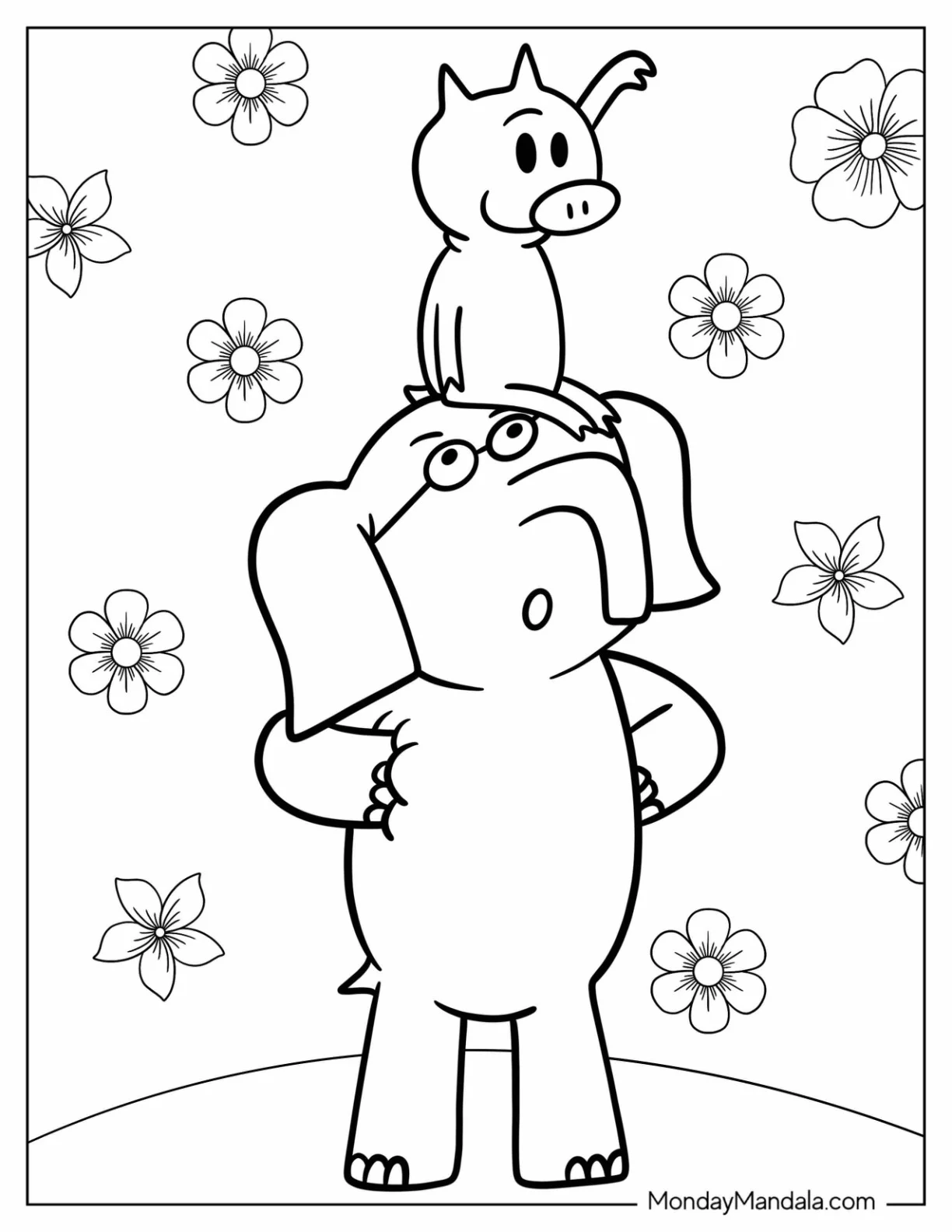 Cute Elephant And Piggie Coloring Page For Preschoolers coloring page