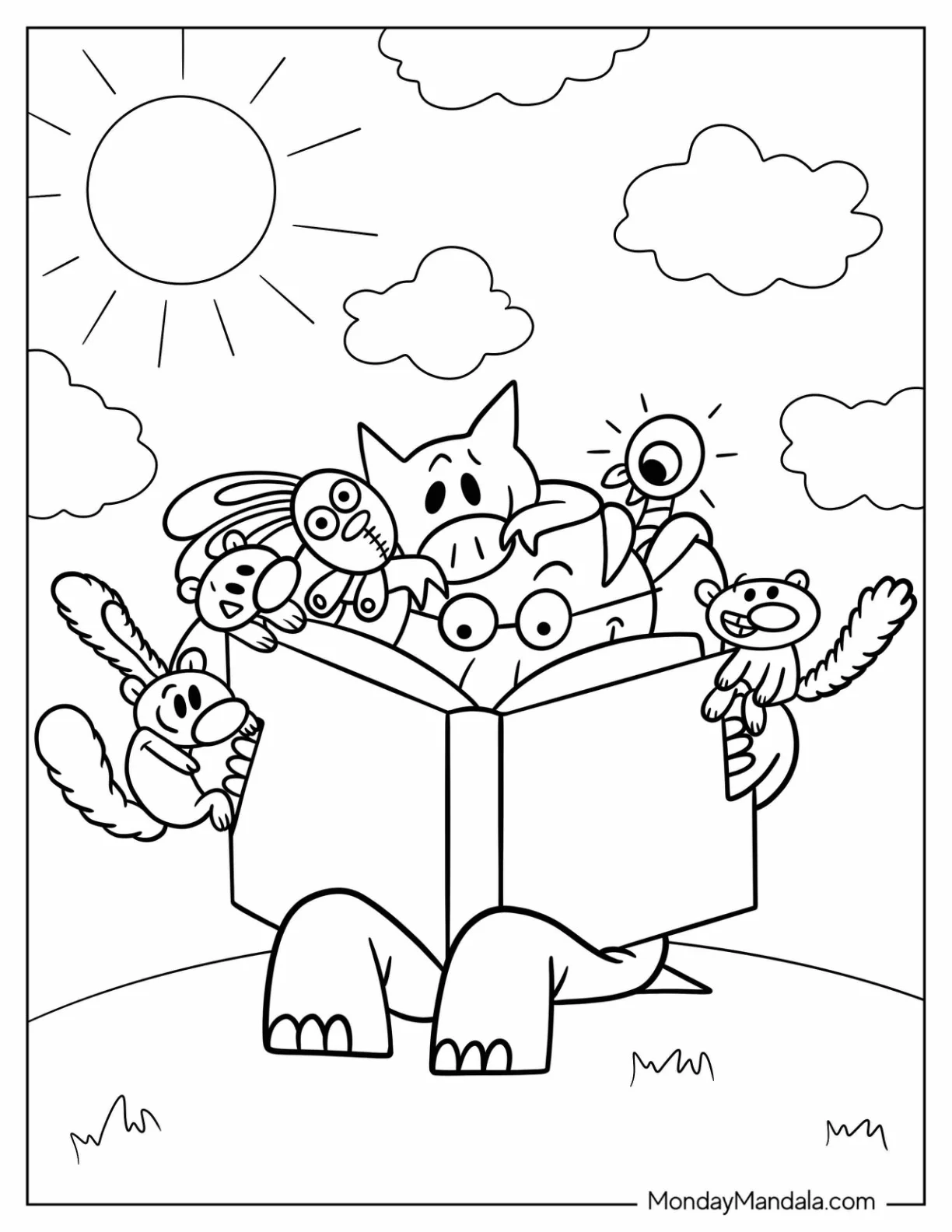 Cute Elephant And Piggie Coloring Page Reading Book With Animal Friends coloring page