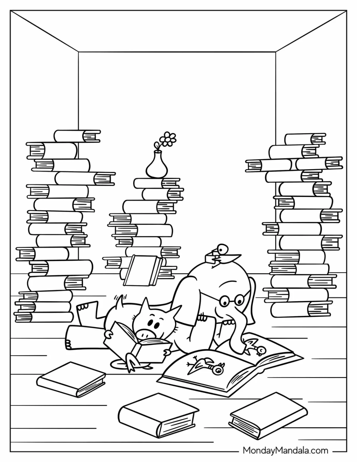 Detailed Elephant And Piggie Coloring Page Reading Tons Of Books coloring page