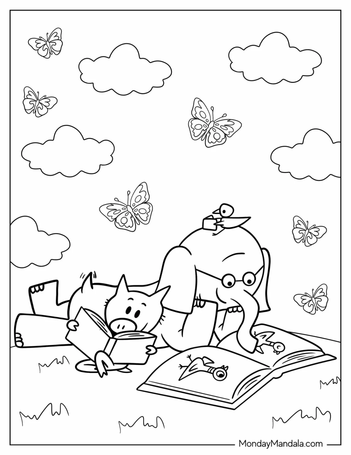 Elephant And Piggie Coloring Page And Bird Reading Picture Book coloring page