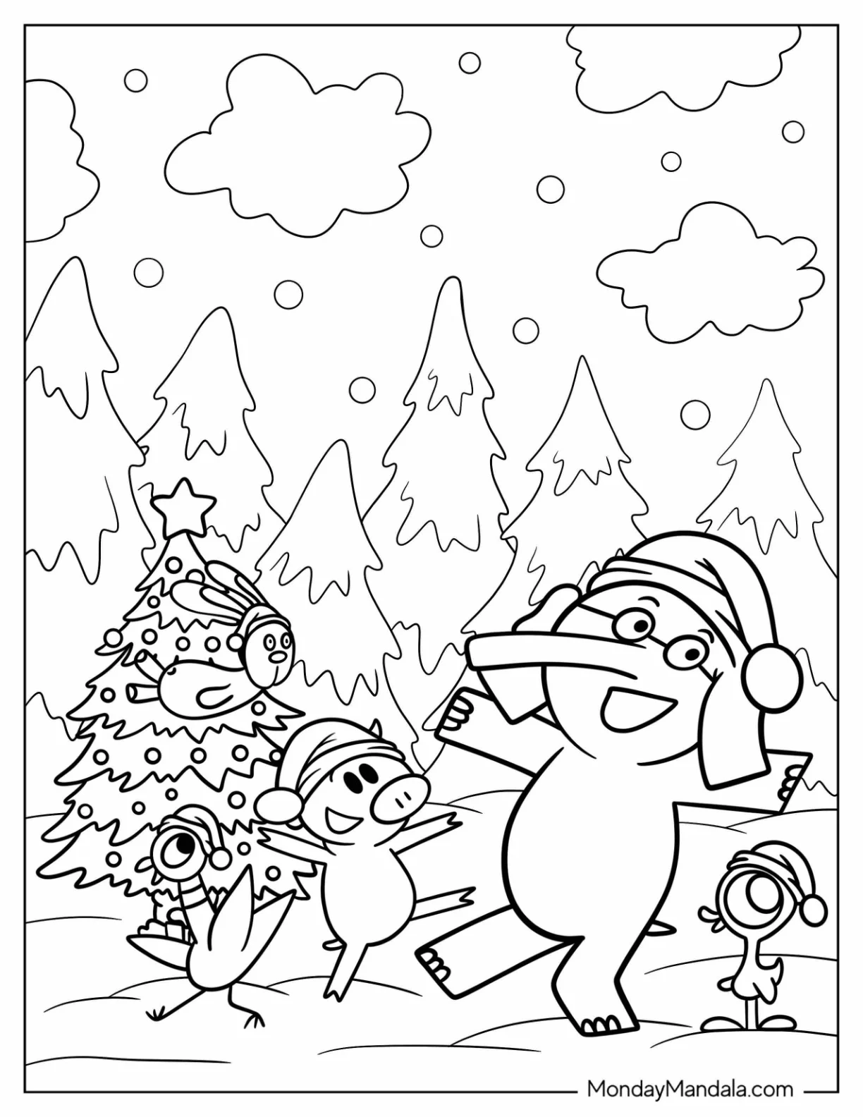 Elephant And Piggie Coloring Page Dancing In Snow With Pigeon And Bird On Christmas coloring page