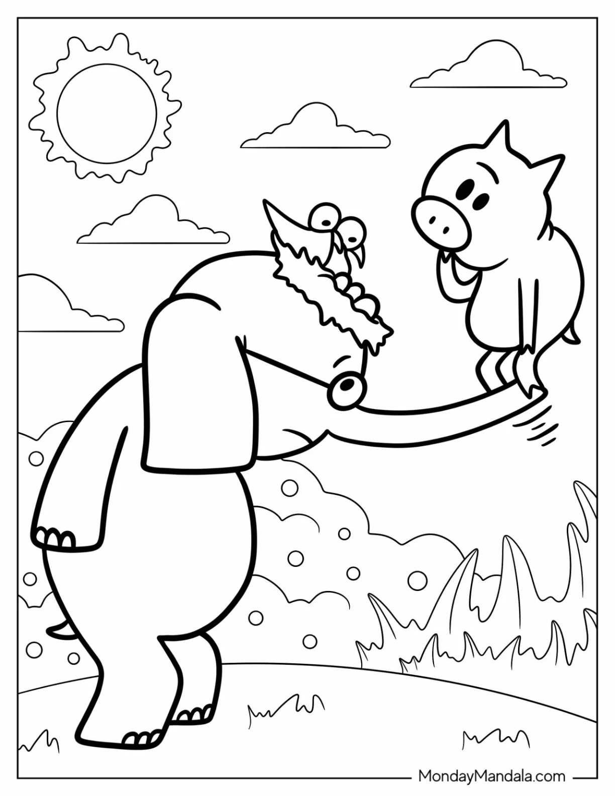 Elephant And Piggie Coloring Page Helping Out Birds For Kids coloring page
