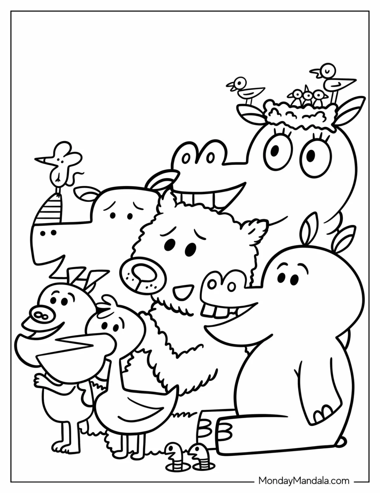 Elephant And Piggie Coloring Page Of Pelican, Barky Dog, Bear, Mouse, Worms, Hippo And Birds coloring page