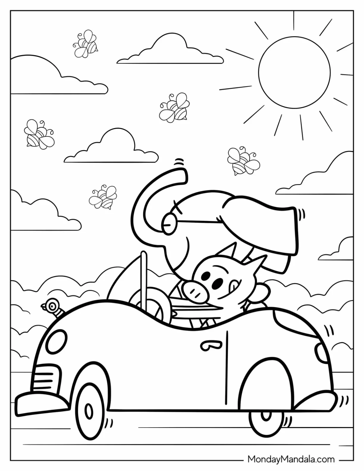Gerald Elephant And Piggie Coloring Page Riding Car On Sunny Day coloring page