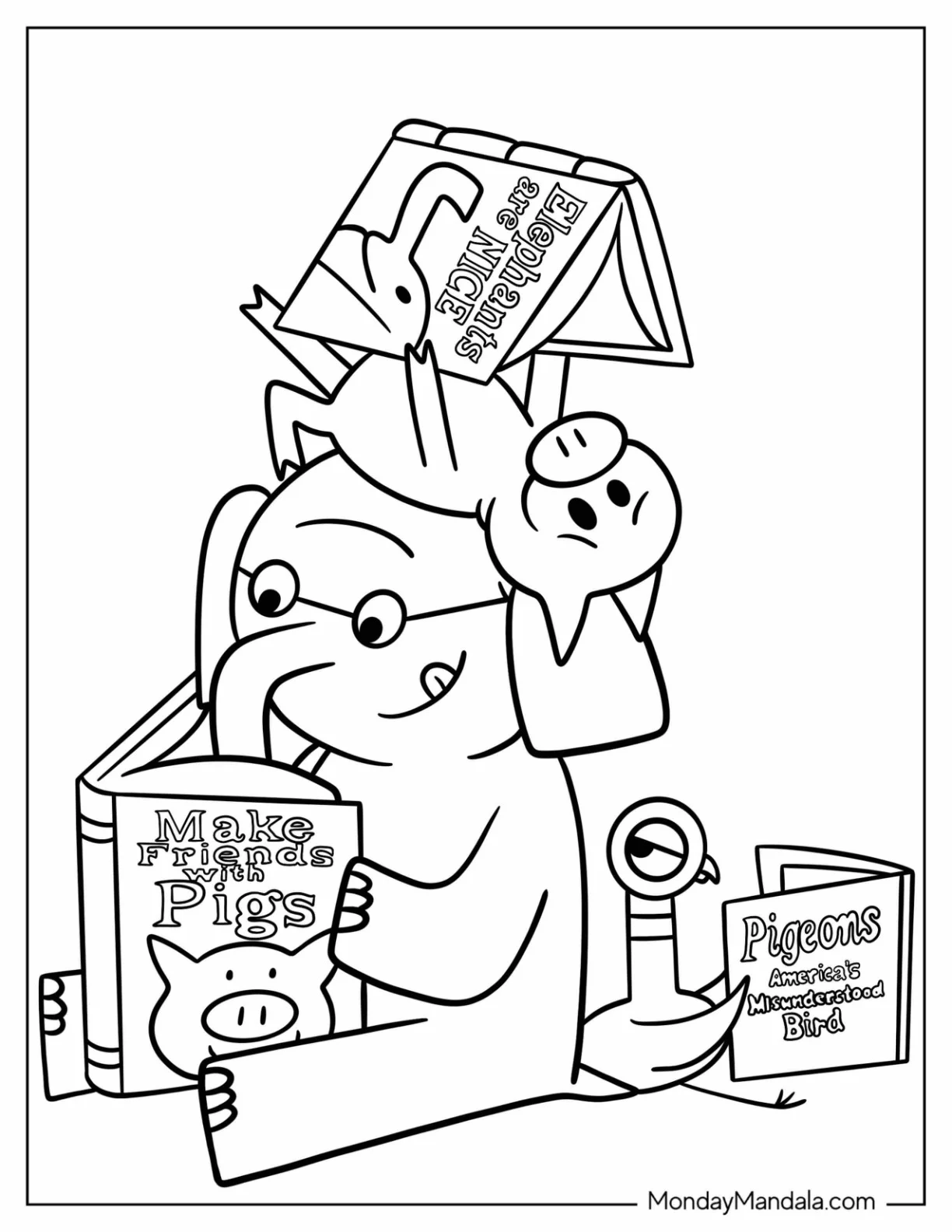 Pigeon, Elephant And Piggie Coloring Pag Reading Books About Each Other coloring page