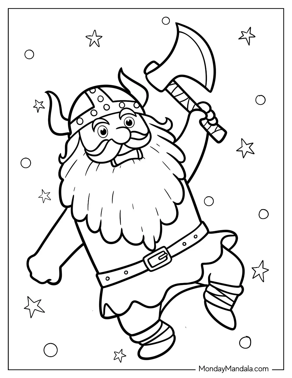 Cute Viking Coloring Page Holding Up An Axe  For Kids coloring page