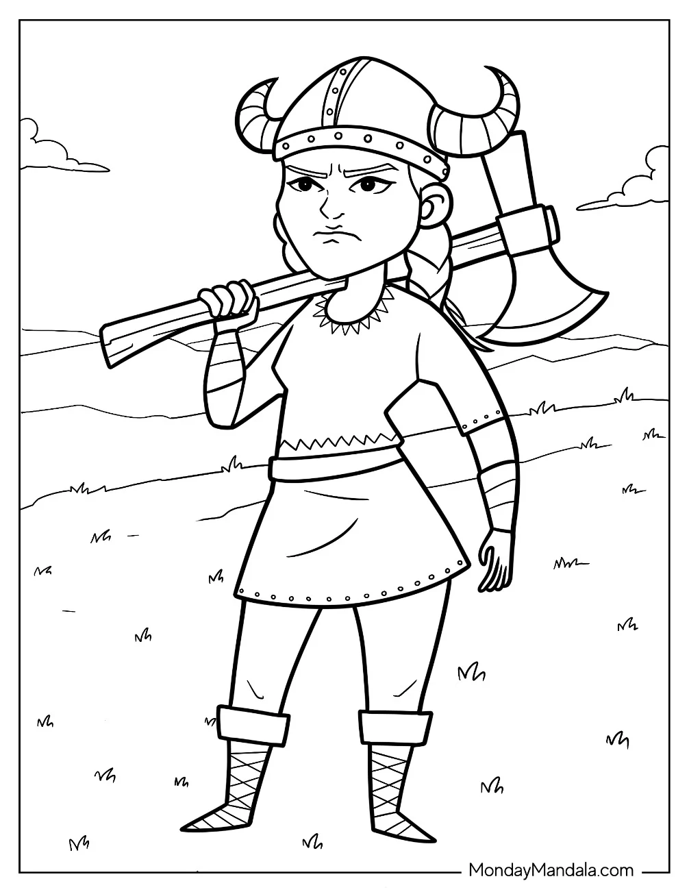 Frowning Female Viking Coloring Page With A Long Axe Over Her Shoulder coloring page