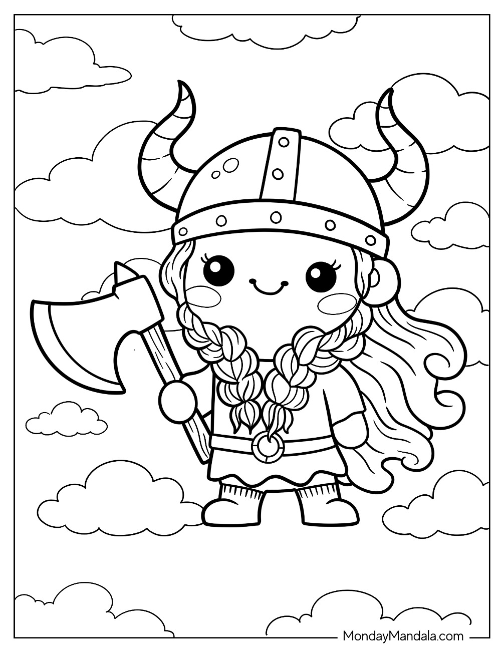 Kawaii Female Viking Coloring Page In The Clouds For Preschoolers coloring page